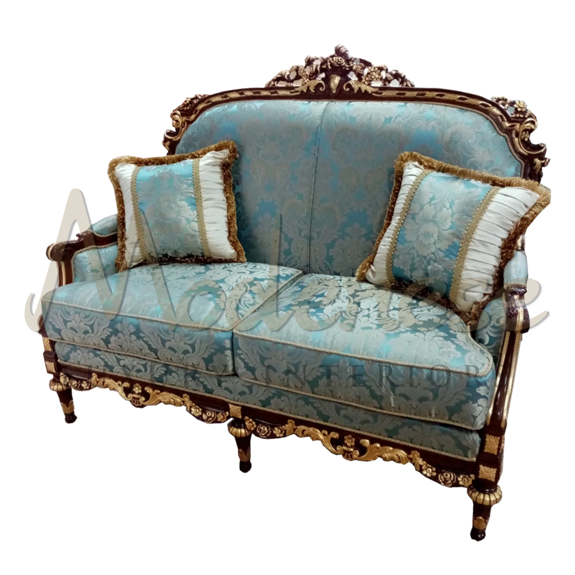 Luxury Dutch Sofa: Opulent 2-seater with gold-carved frame and silk upholstery, embodying baroque and Venetian elegance.