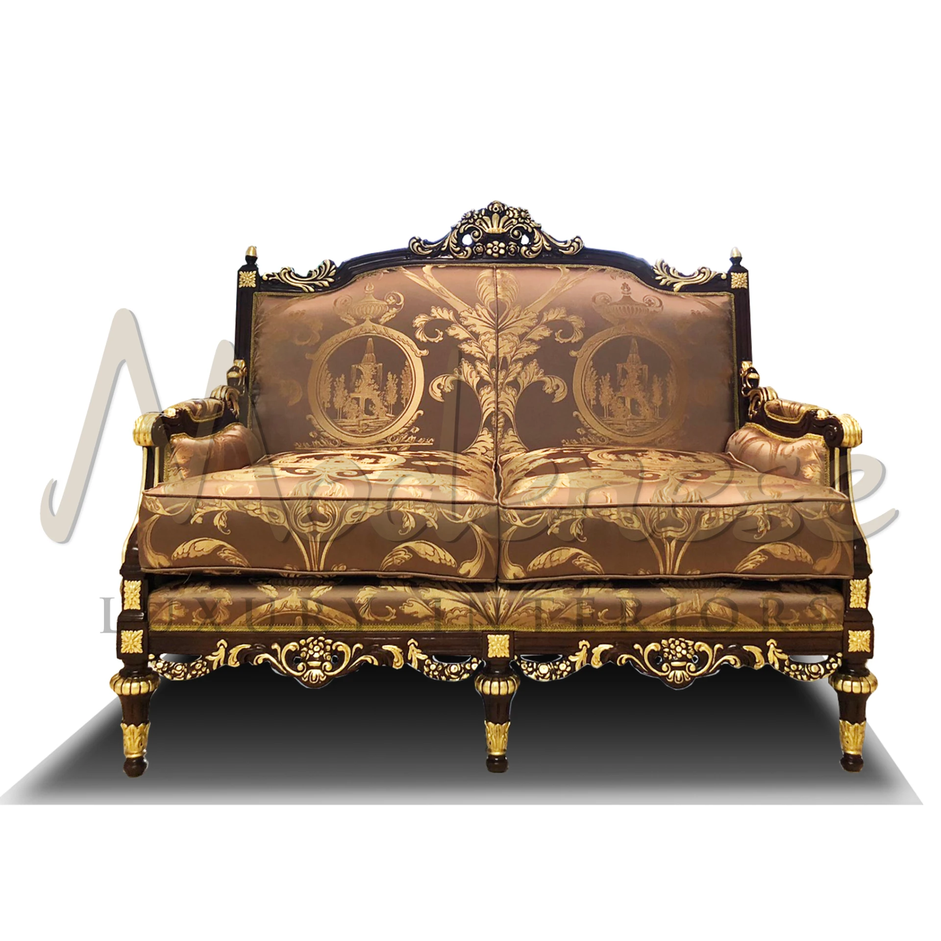 Luxury Baroque Sofa with gold leaf carvings, embodying classical Italian design, perfect for elegant home decor.
