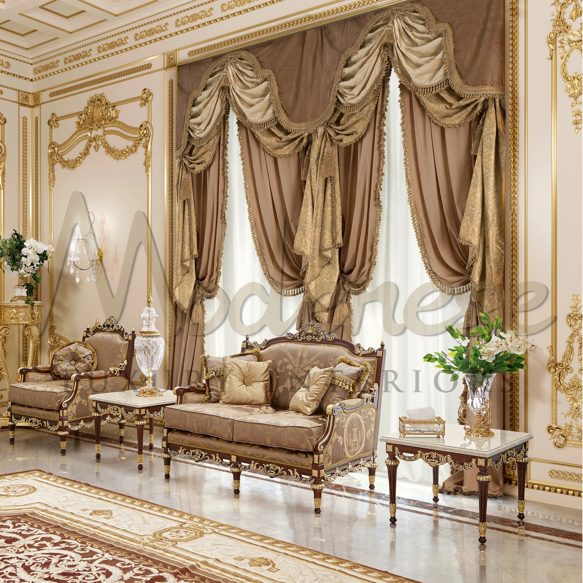 Opulent Baroque-style sofa with golden embellishments, Italian design, elevating classic collection and home aesthetics.
