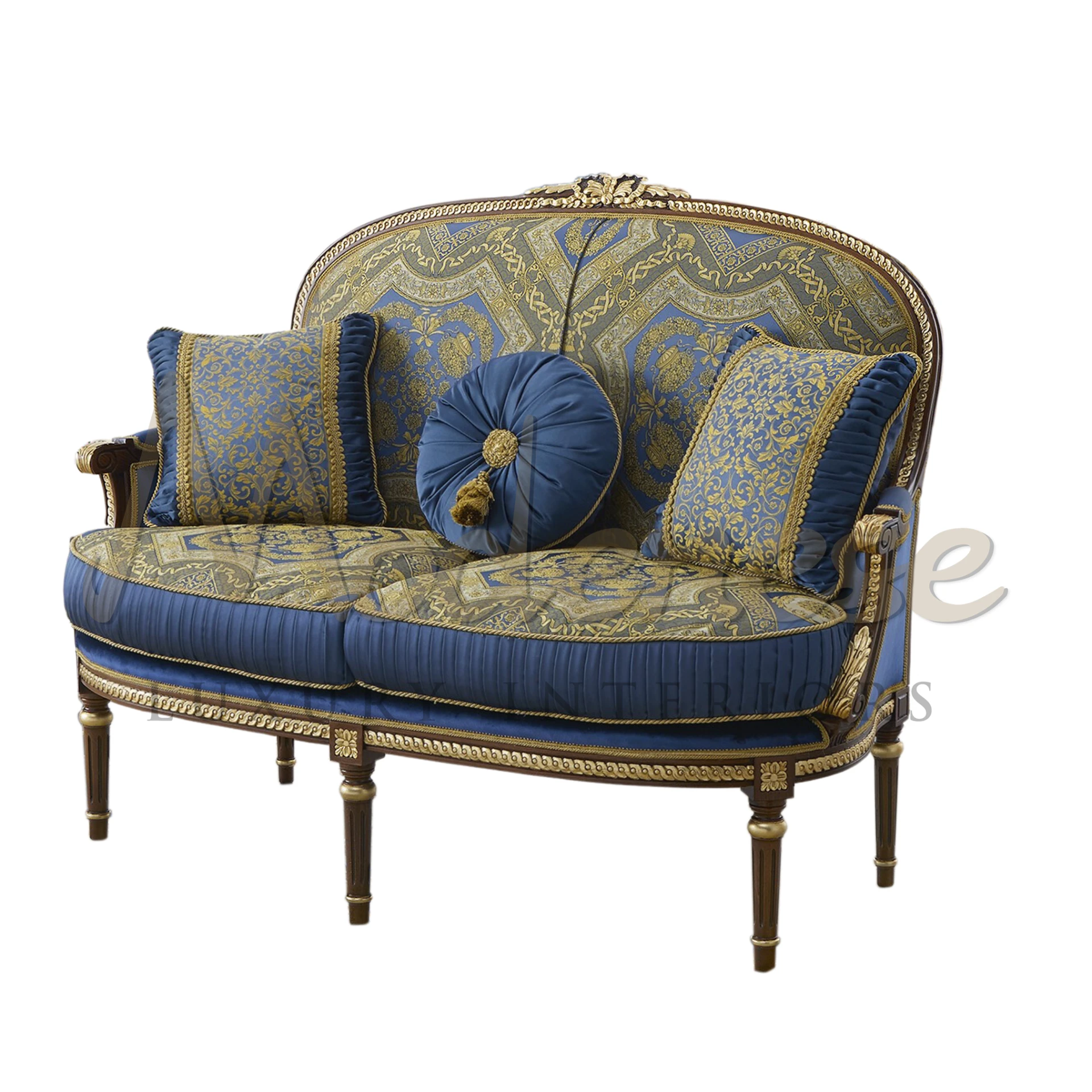  Royal Classic Duo Sofa with gold leaf carvings, embodying luxury Italian design for the most sophisticated interiors.