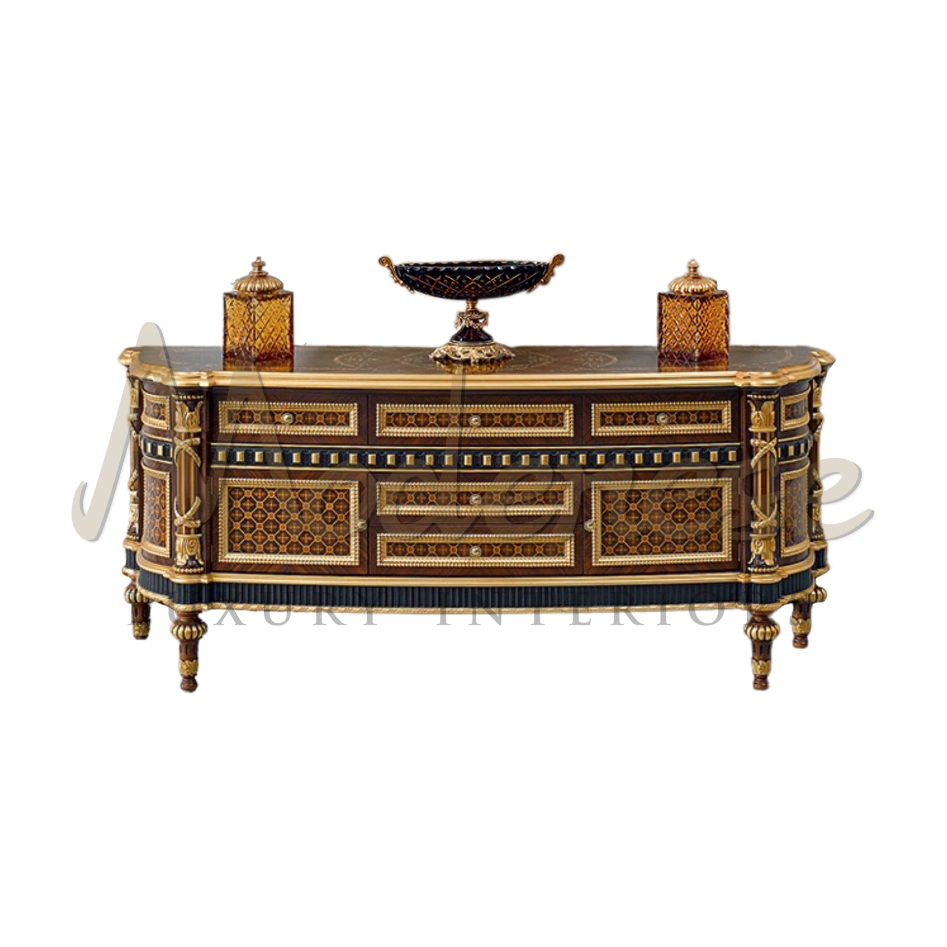 Luxury New Baroque Design TV Stand, with handcrafted engravings and finishes, embodying Italian design elegance.