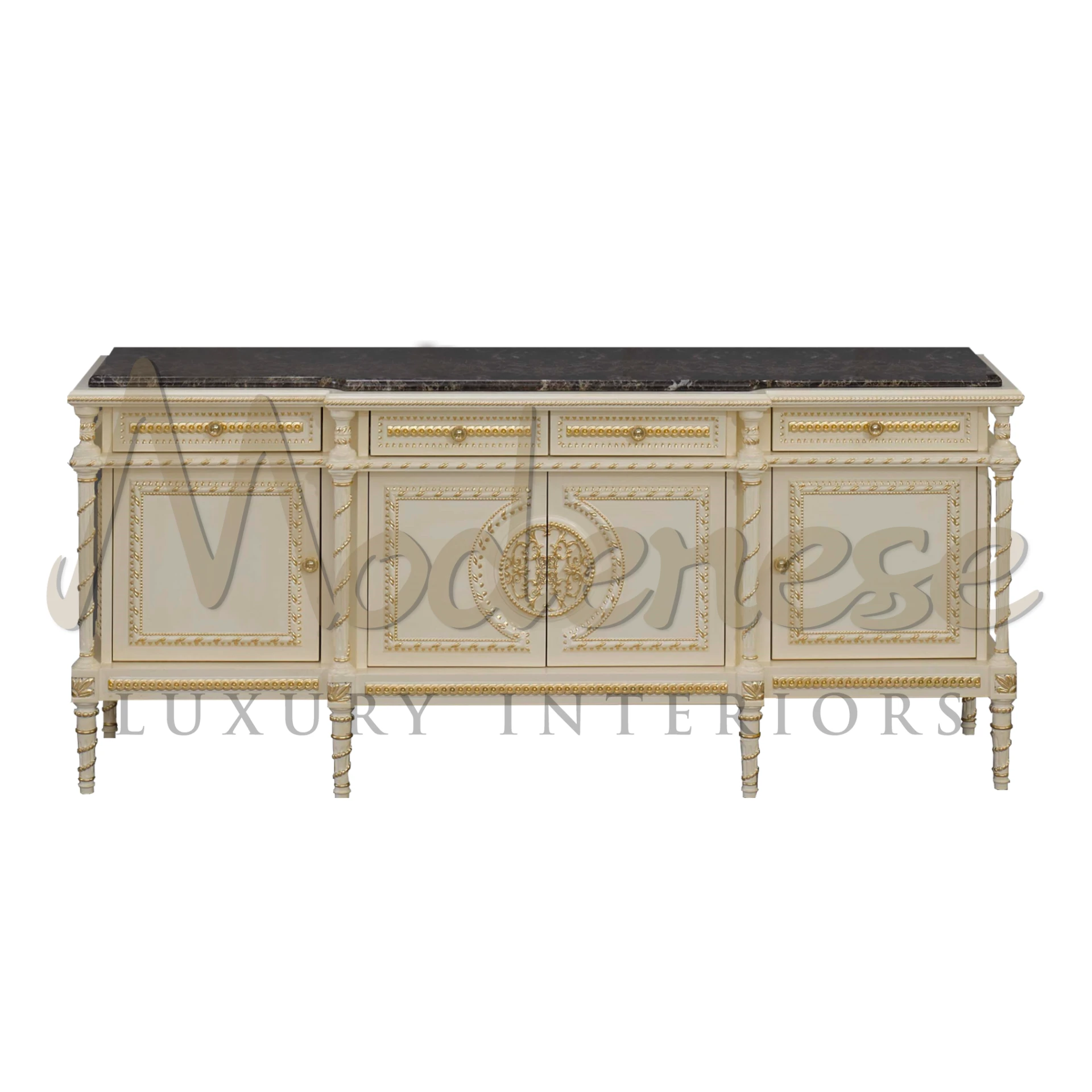 Luxury Italian Baroque TV Stand, ivory finish with decorative carvings, showcasing classic interior design and elegance.
