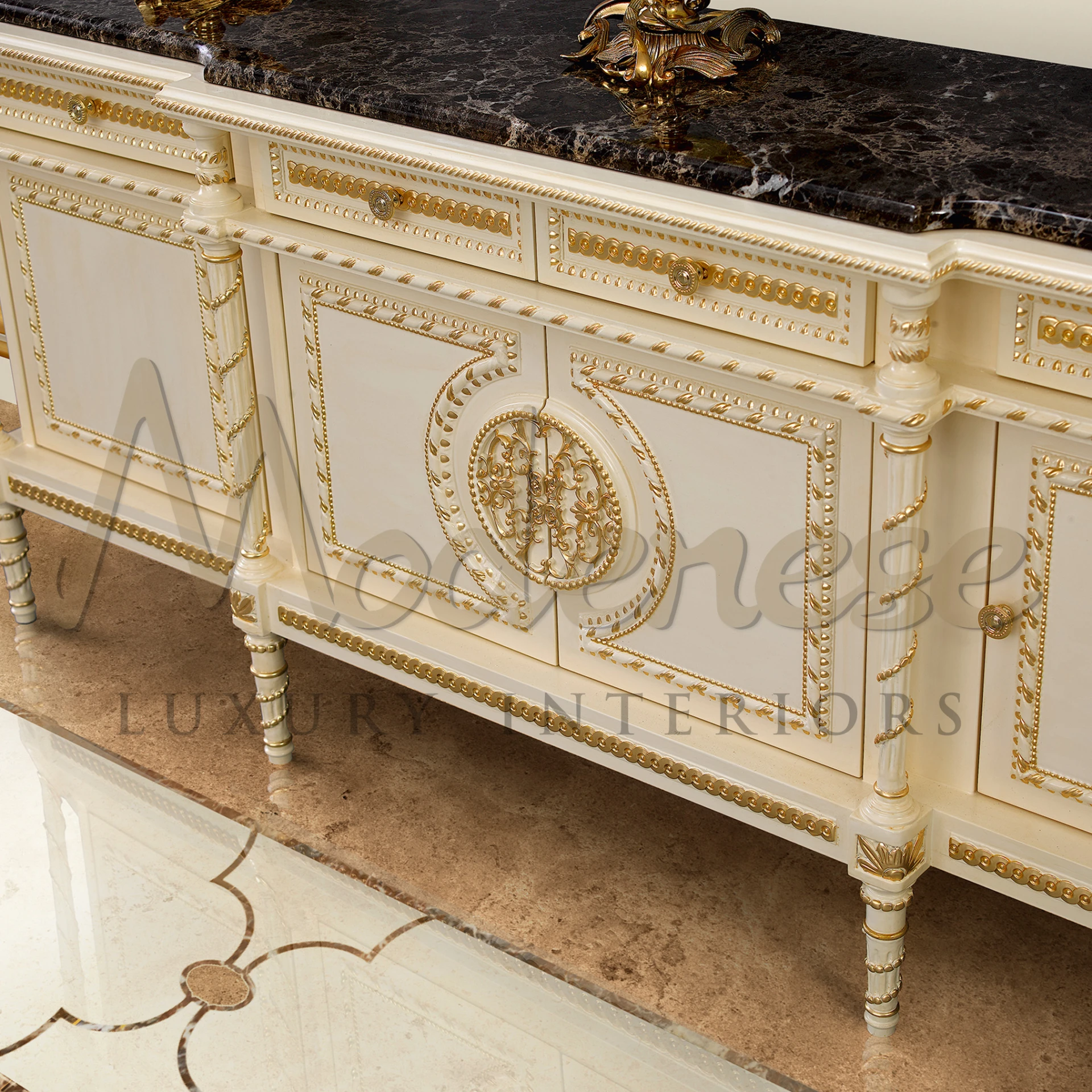 Solid wood Italian Baroque TV Stand, ivory with gold leaf accents, embodying luxury and classic interiors with timeless style.
