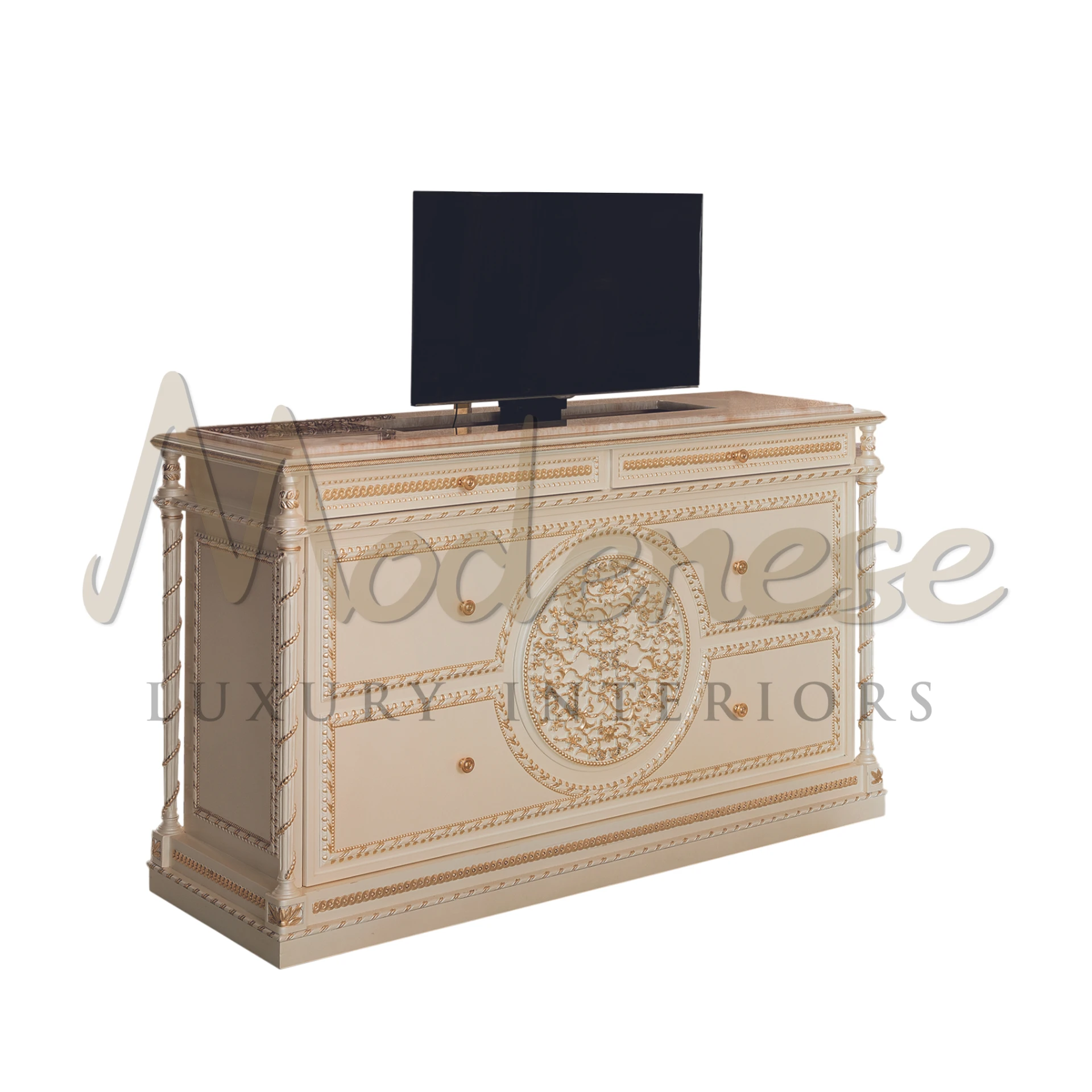 Central TV Stand with mechanism, solid wood, Italian craftsmanship for a luxury entertainment piece in classical baroque style.
