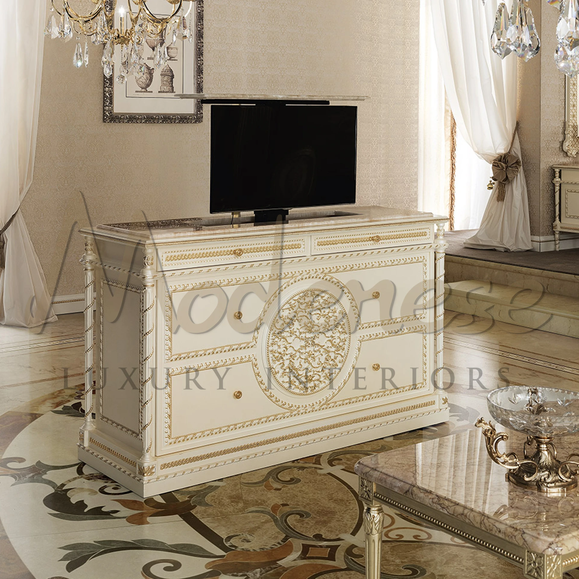 Innovative Central TV Stand with mechanism, part of a classic furniture collection, designed by Italian artisans for bespoke interiors.
