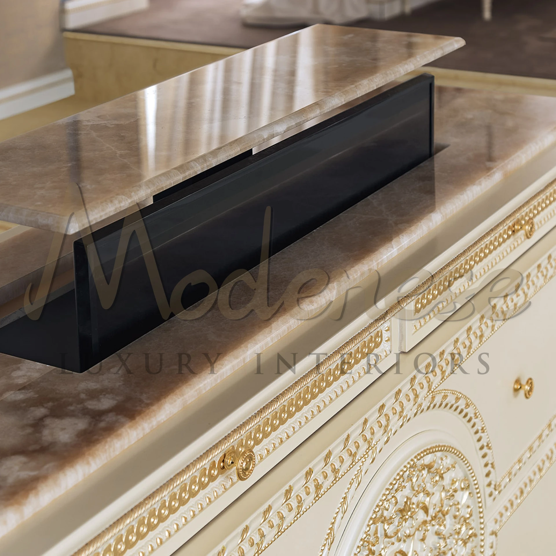 Elegant solid wood TV stand with unique mechanism, reflecting luxury interior design and Italian baroque style for premium spaces.
