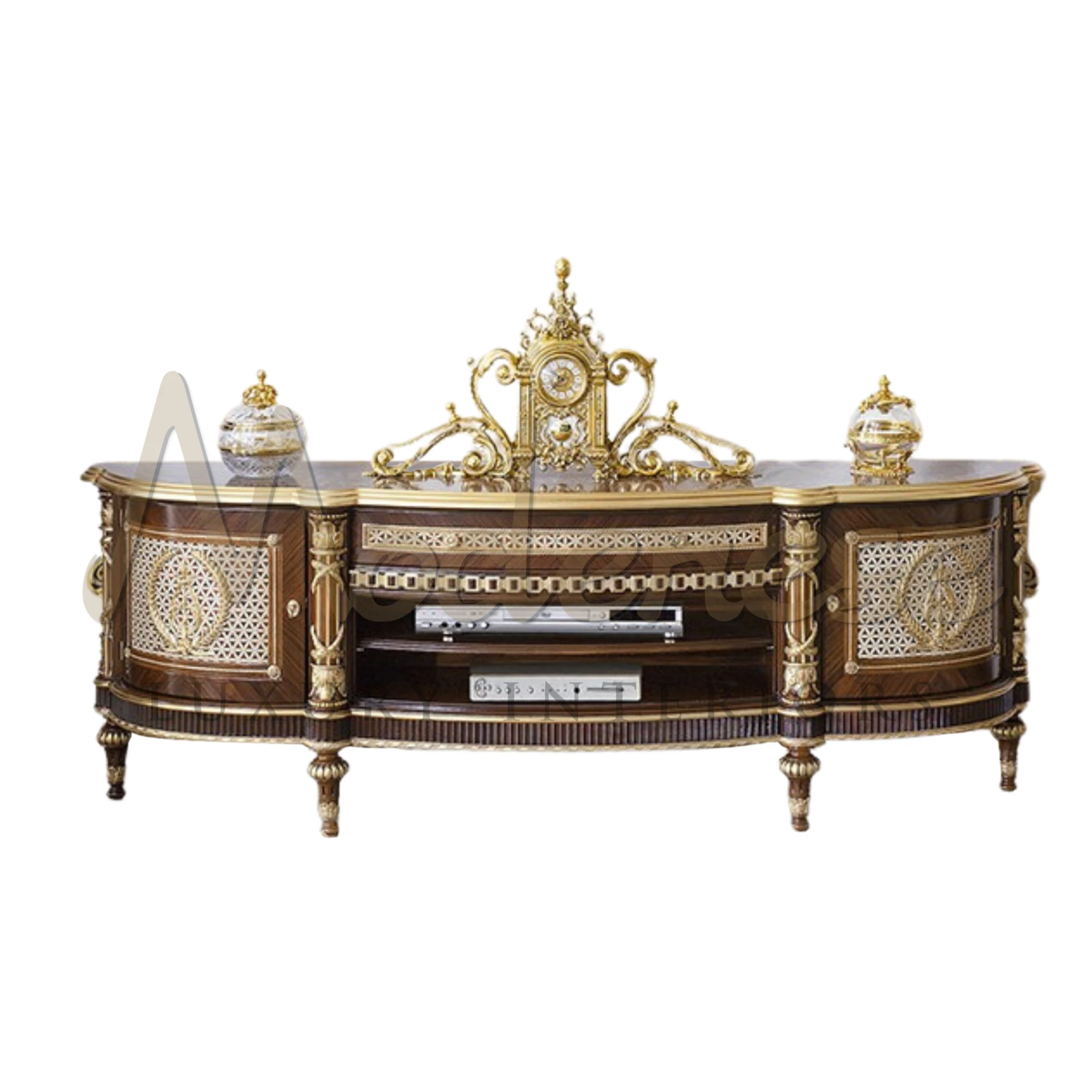 Italian-crafted Luxury Baroque TV Stand, with optional gold leaf carving, embodying the essence of luxury furniture design.
