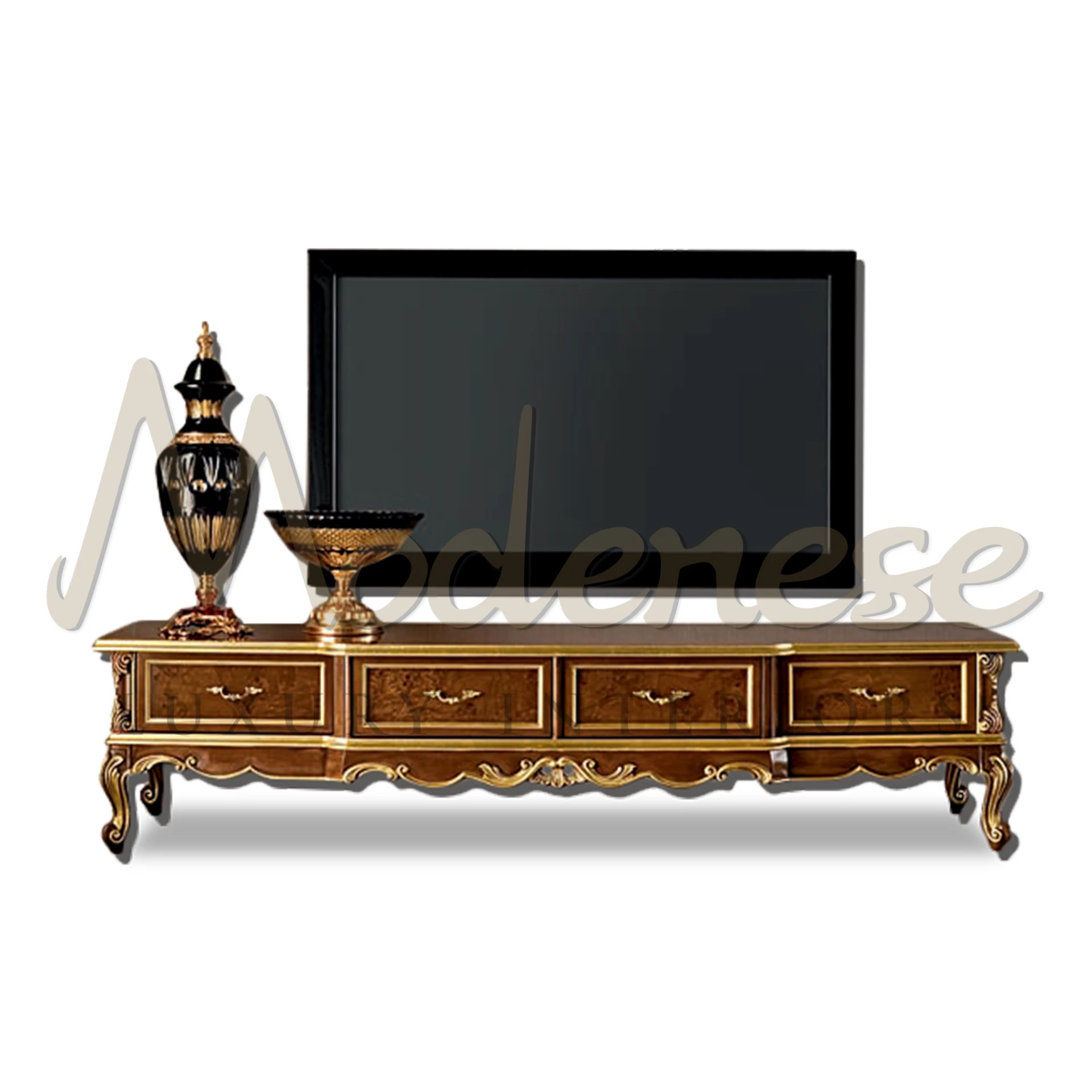 Luxury TV Stand with 4 drawers, adorned with hand-carved details and gold leaf, showcasing Italian craftsmanship.