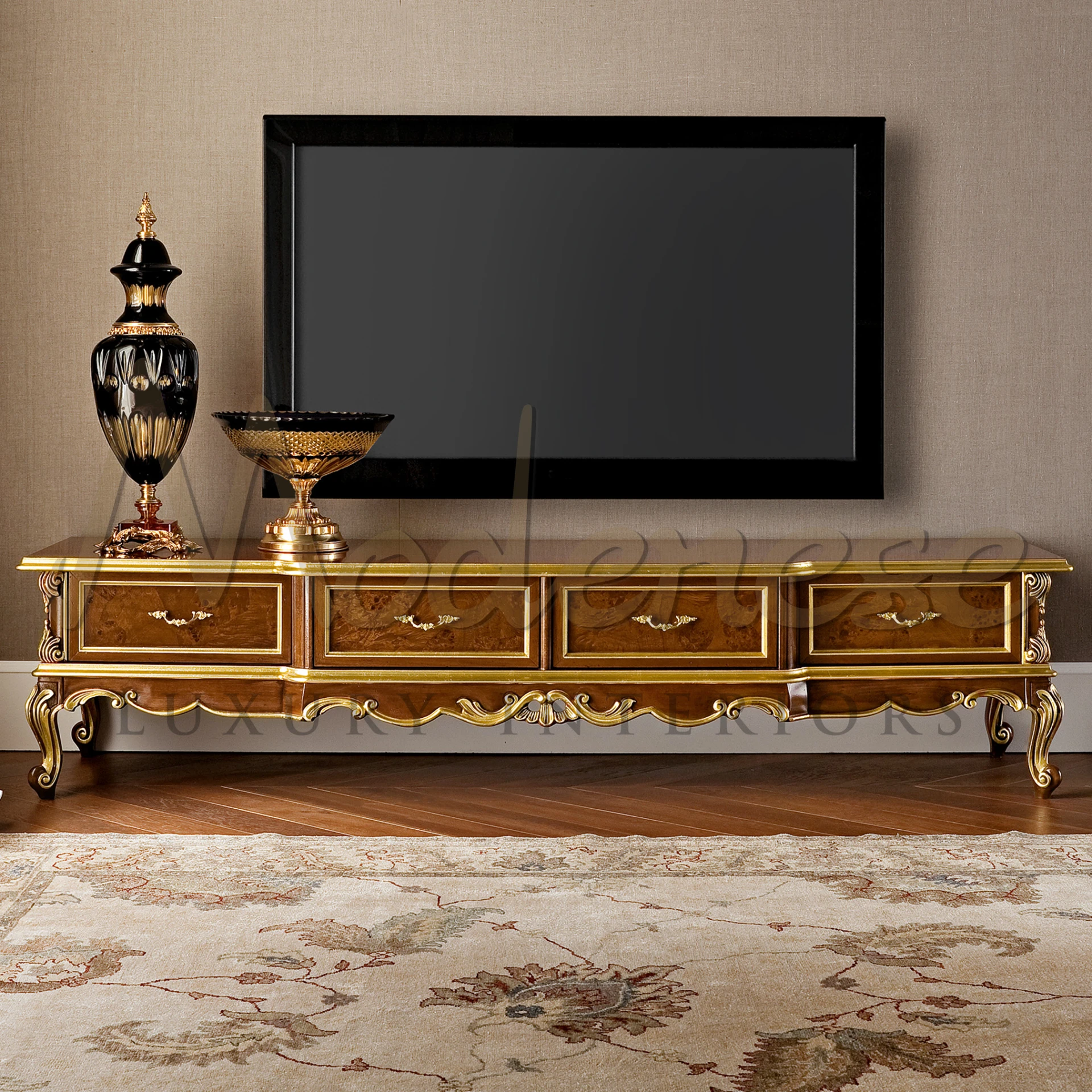 Elegant solid wood TV cabinet with 4 drawers, gold leaf inlays, and internal shelves, embodying luxury interior design.