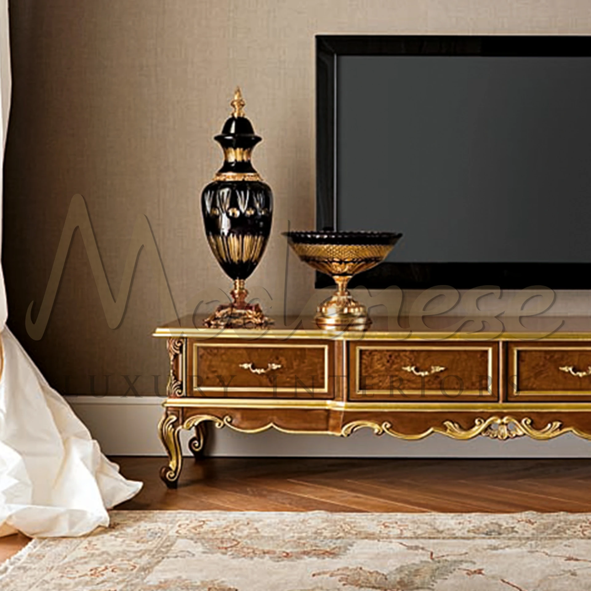 Classic furniture collection piece: Luxury TV Stand with precious carvings and Venetian design for sophisticated homes.