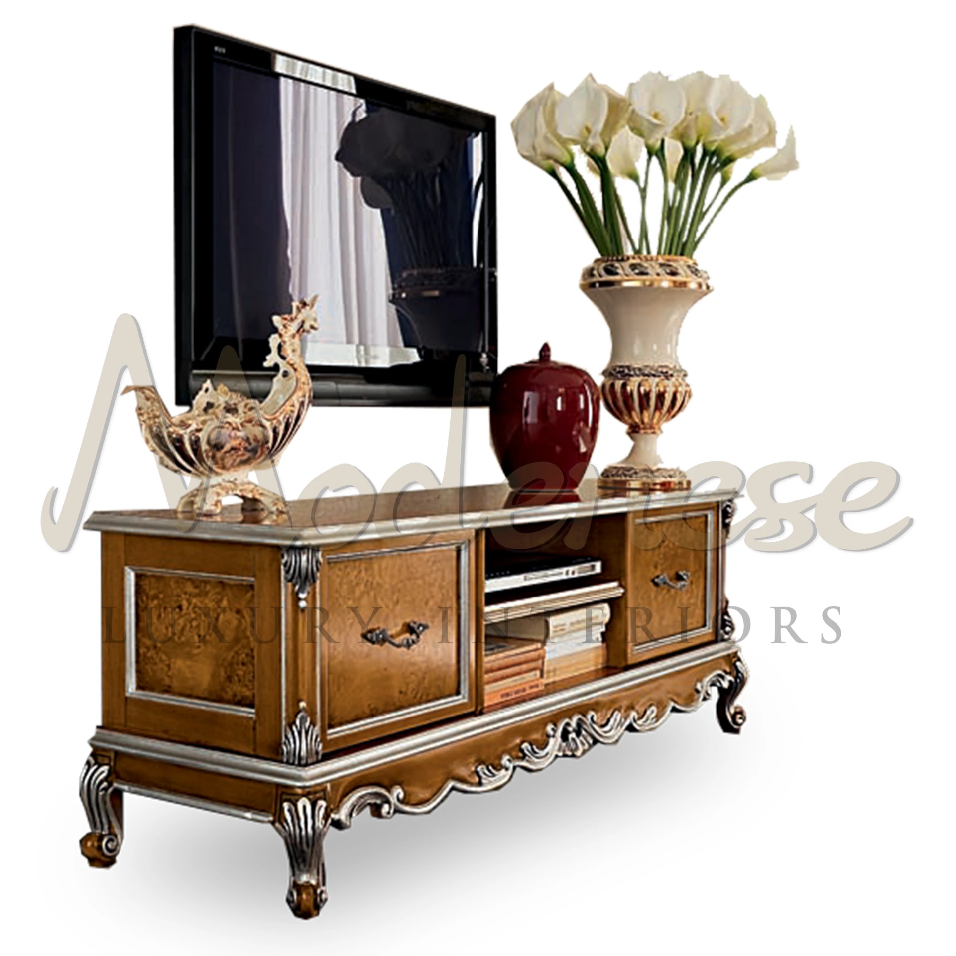 Modern Classic TV Stand by Modenese, solid wood with luxury inlay, showcasing Italian design for upscale interiors.
