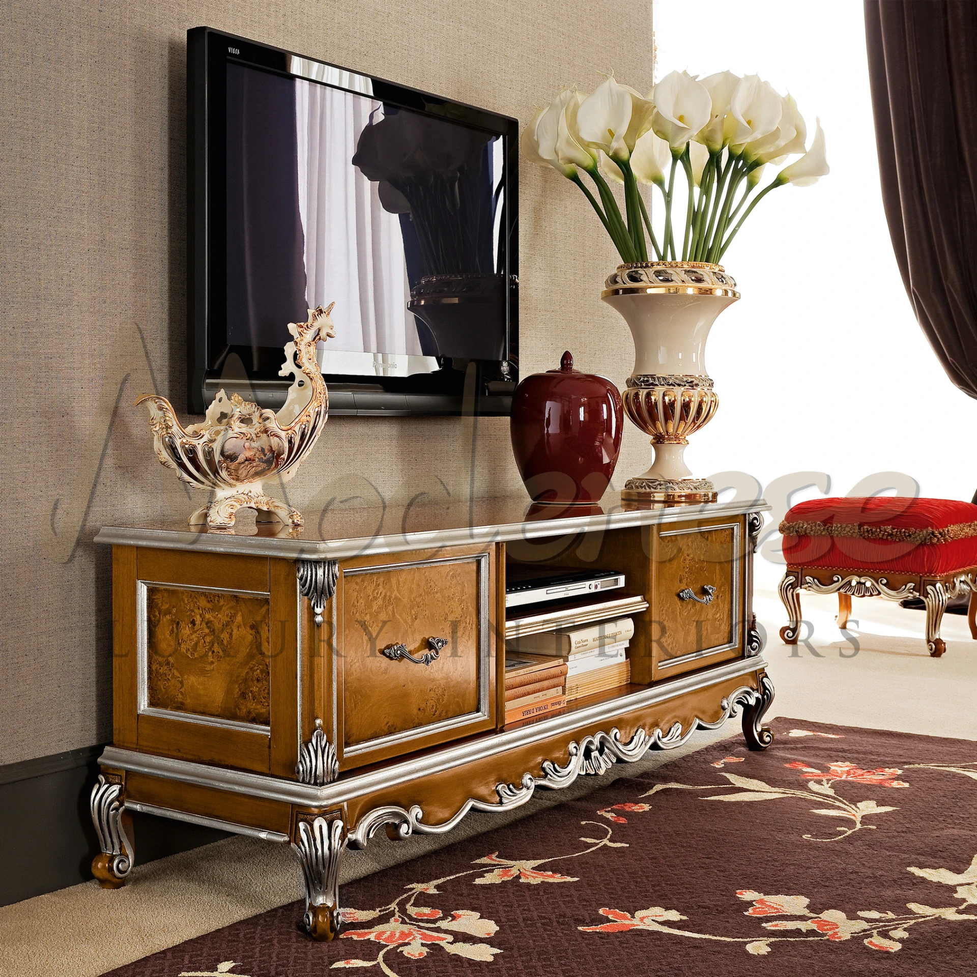 Luxury Classic TV Stand, solid wood craftsmanship, perfect for baroque style and luxury interiors with Italian design.

