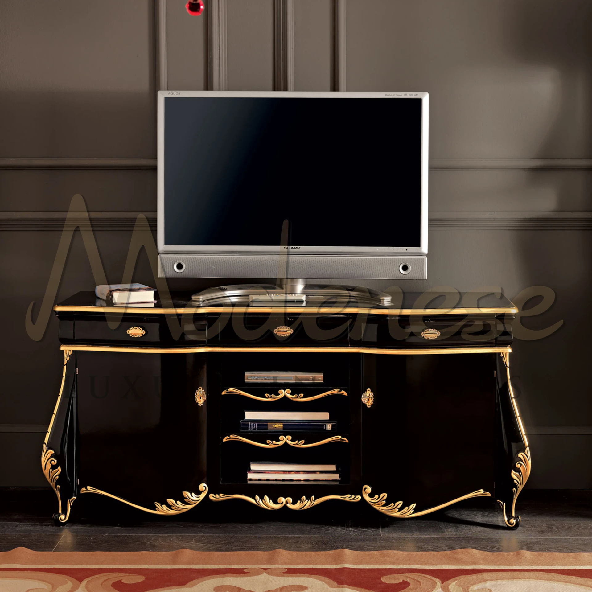 Customizable Black Noble TV Stand, blending modenese interiors with grand luxury, tailored to your lifestyle and design needs.
