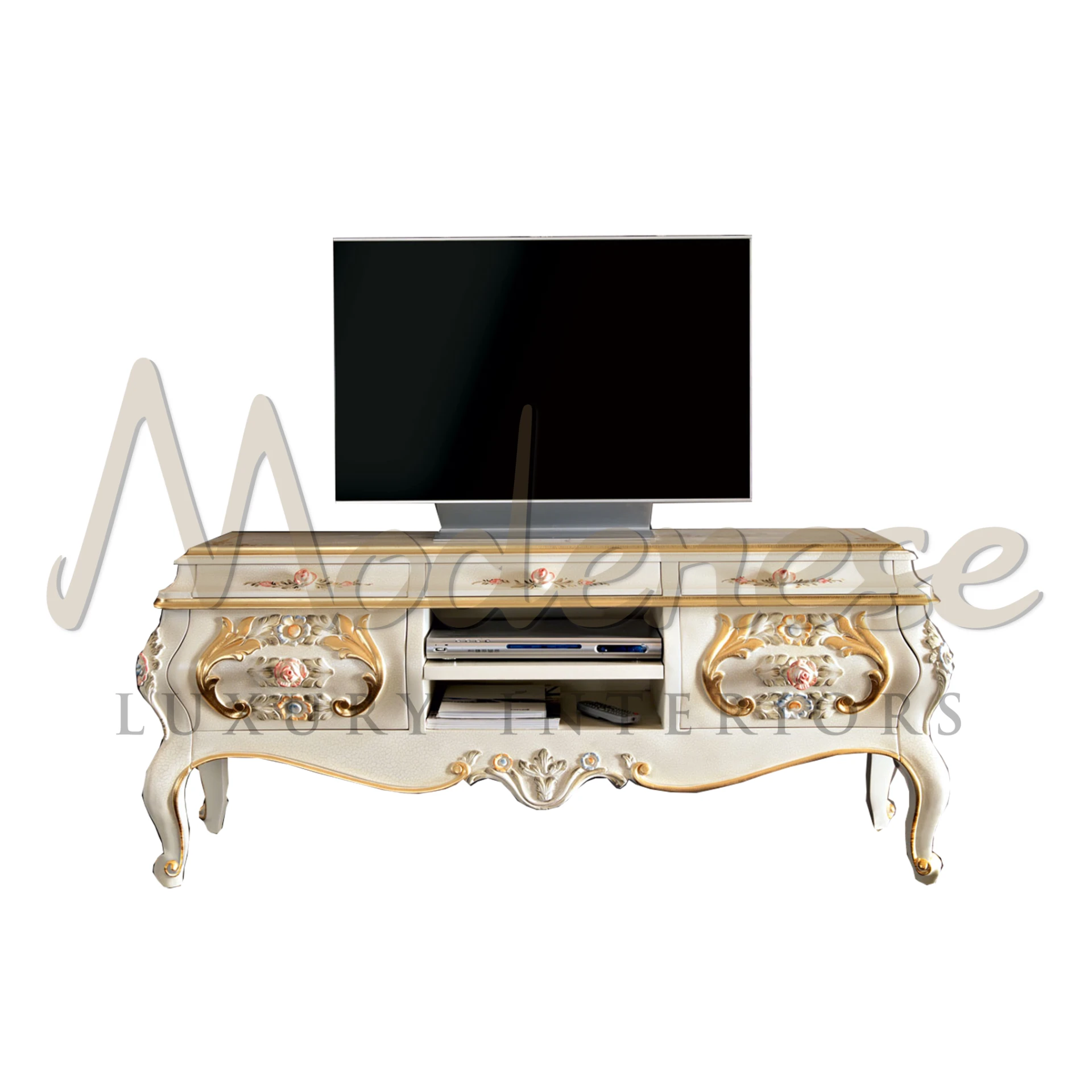 Traditional Handmade Wood TV Stand, premium quality with classic carvings, embodying luxury and durability in design.
