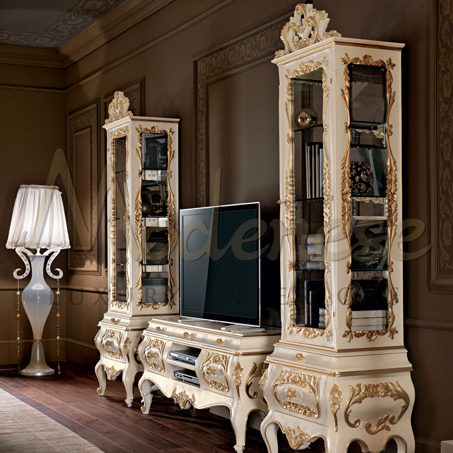 Elegant Wooden TV Stand, crafted with traditional techniques, solid wood for a timeless piece by Modenese Furniture.
