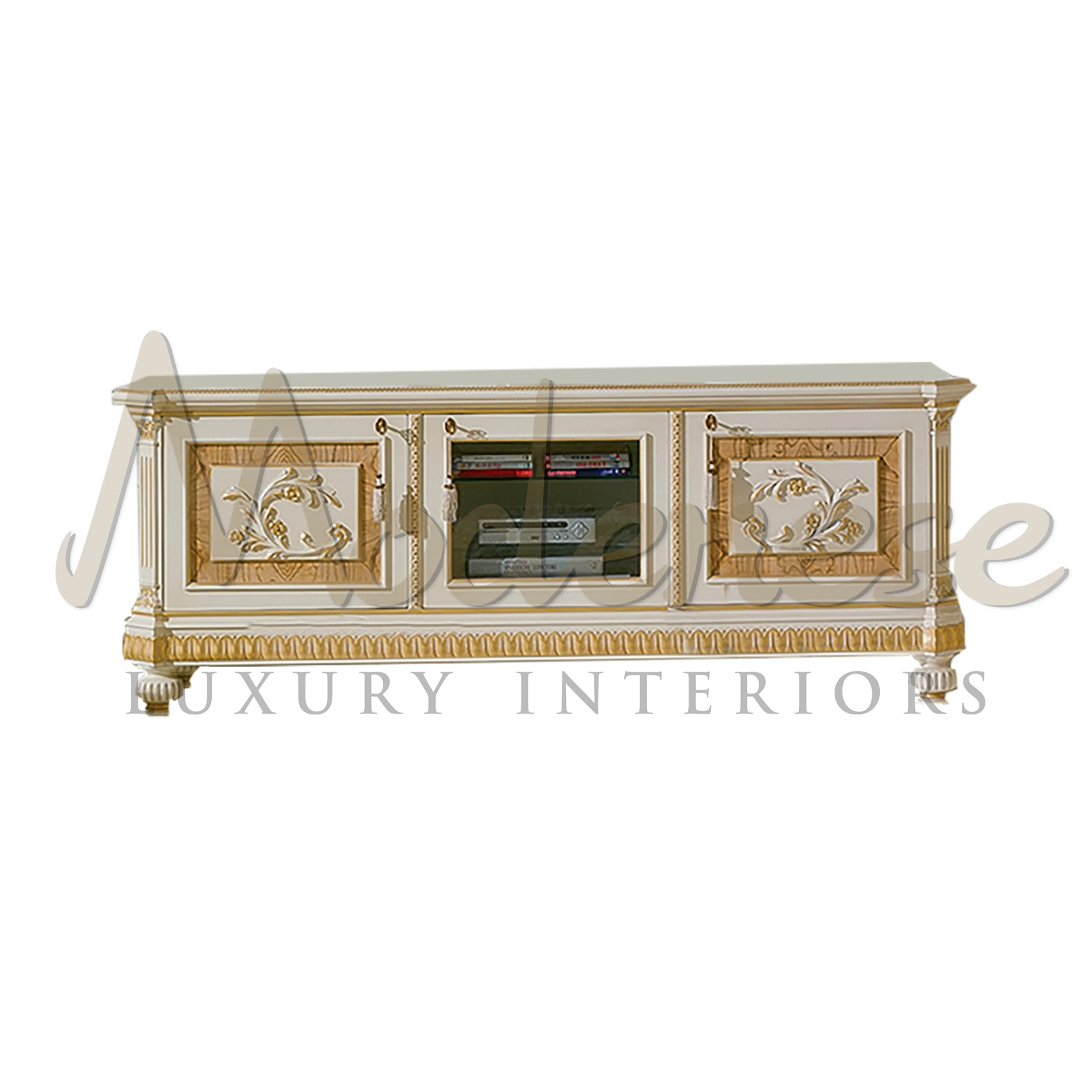 Classic White Finish TV Stand, luxury furniture for timeless elegance, crafted with exquisite wood carving.
