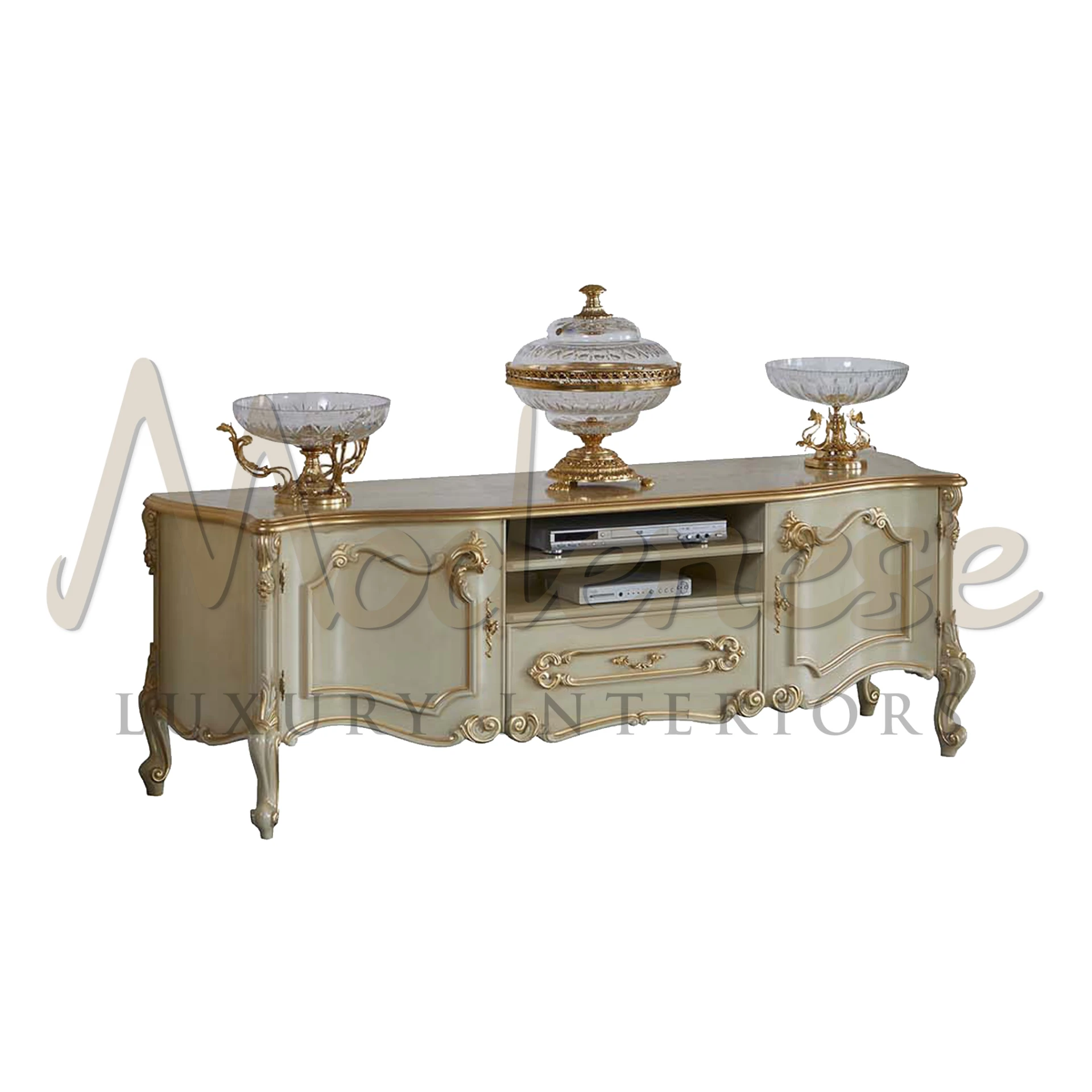 Italian Victorian Style TV Stand, classic elegance for luxury interiors, optional decorative accents available.

