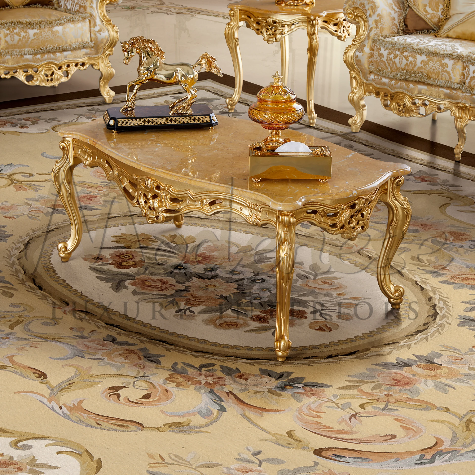 Baroque style coffee table with gilded accents, adding opulence to luxury living spaces.