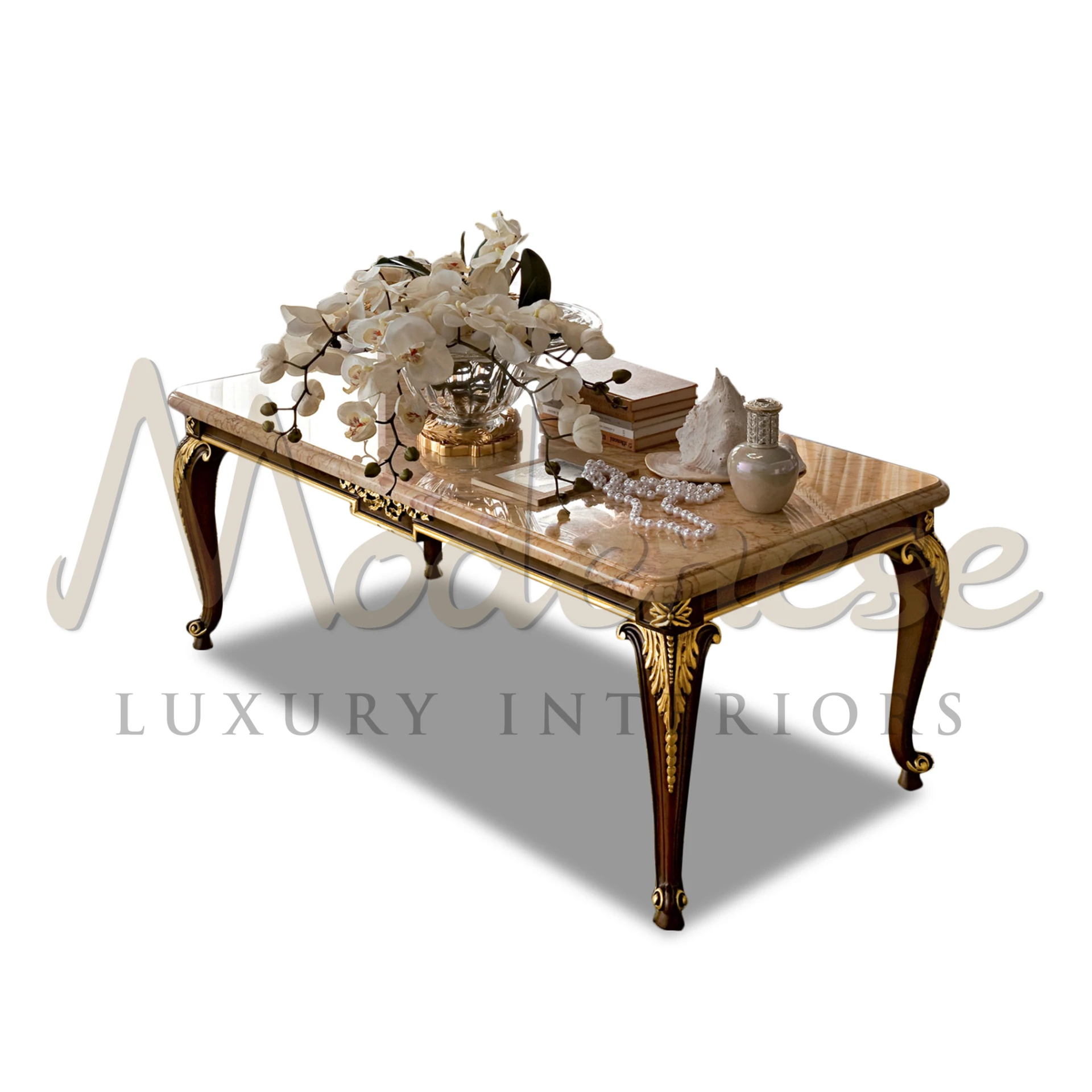 Luxury coffee table by Modernese with intricate baroque style elements, perfect for classic furniture enthusiasts.

