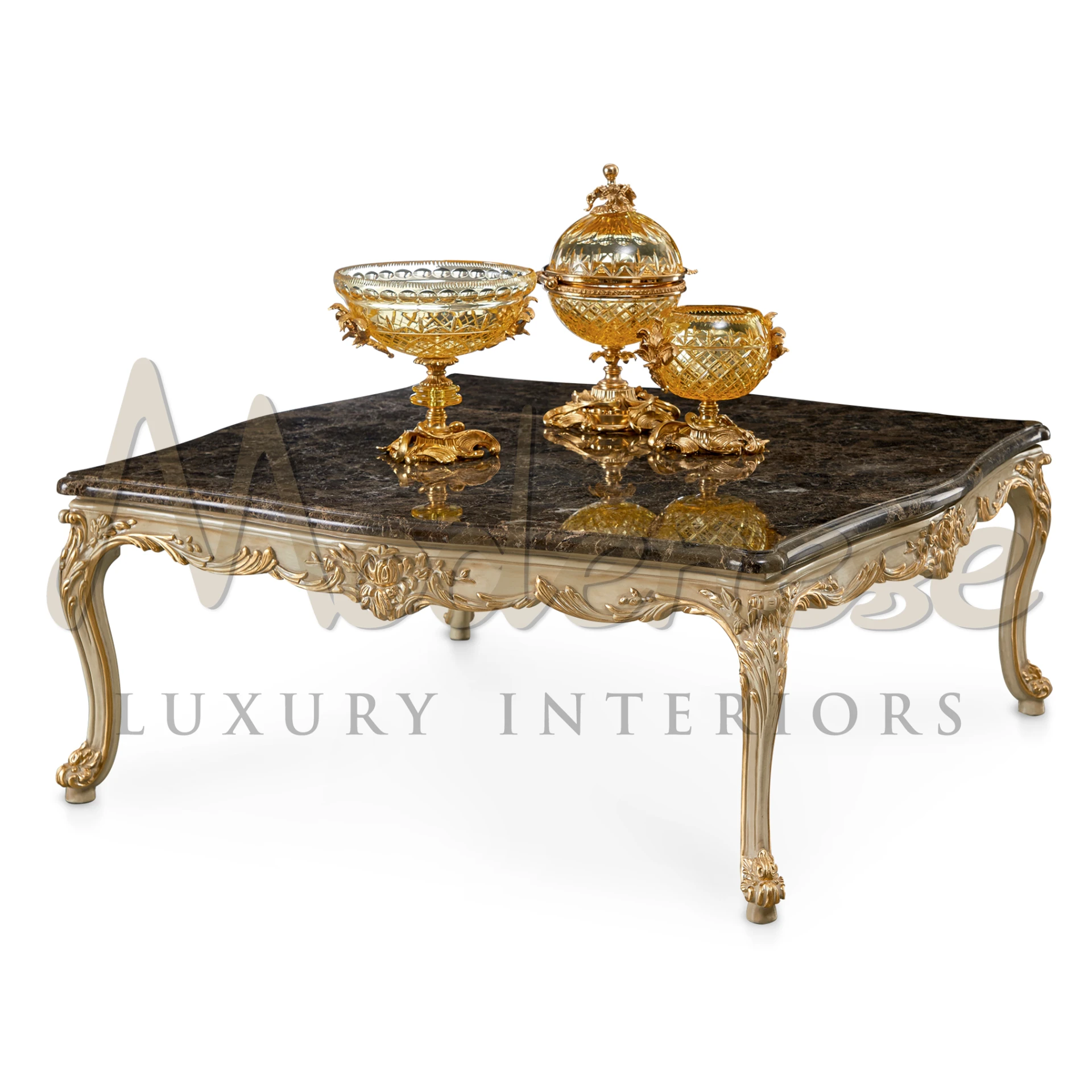Luxury Traditional Square Coffee Table, elegant gold leaf design.