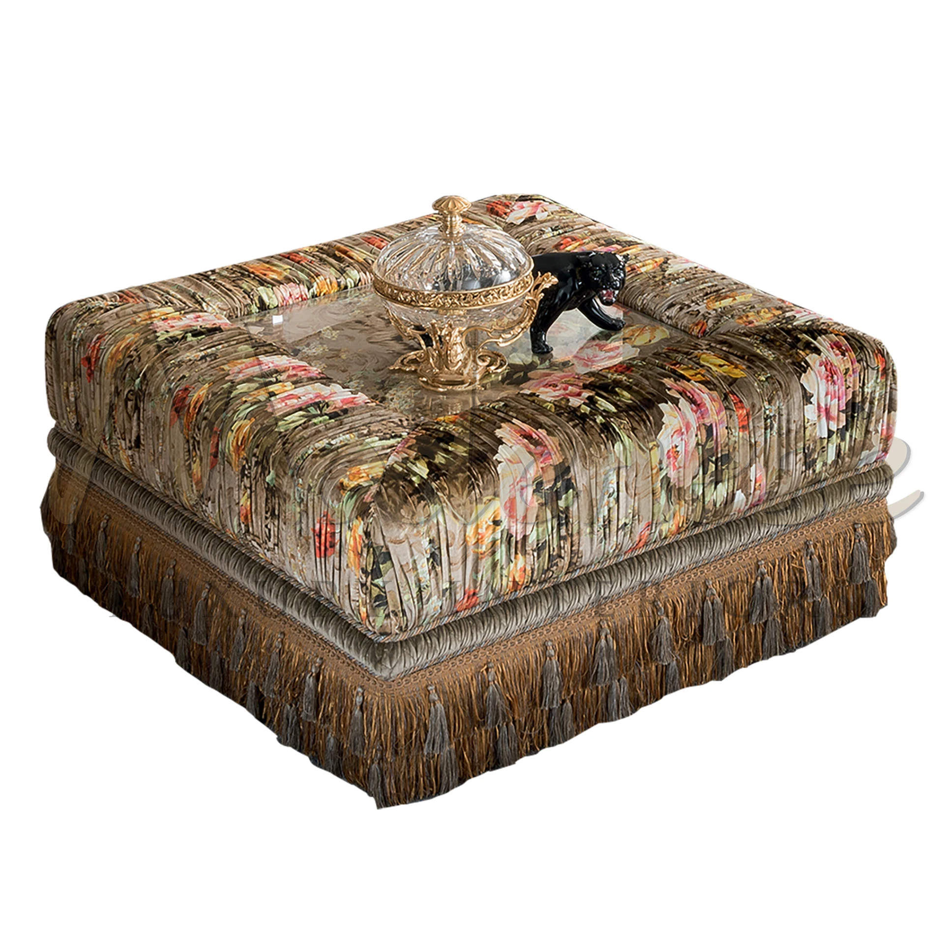 Vibrant Floral Upholstery Central Table by Modenese, blending traditional patterns with modern luxury for a dynamic interior.
