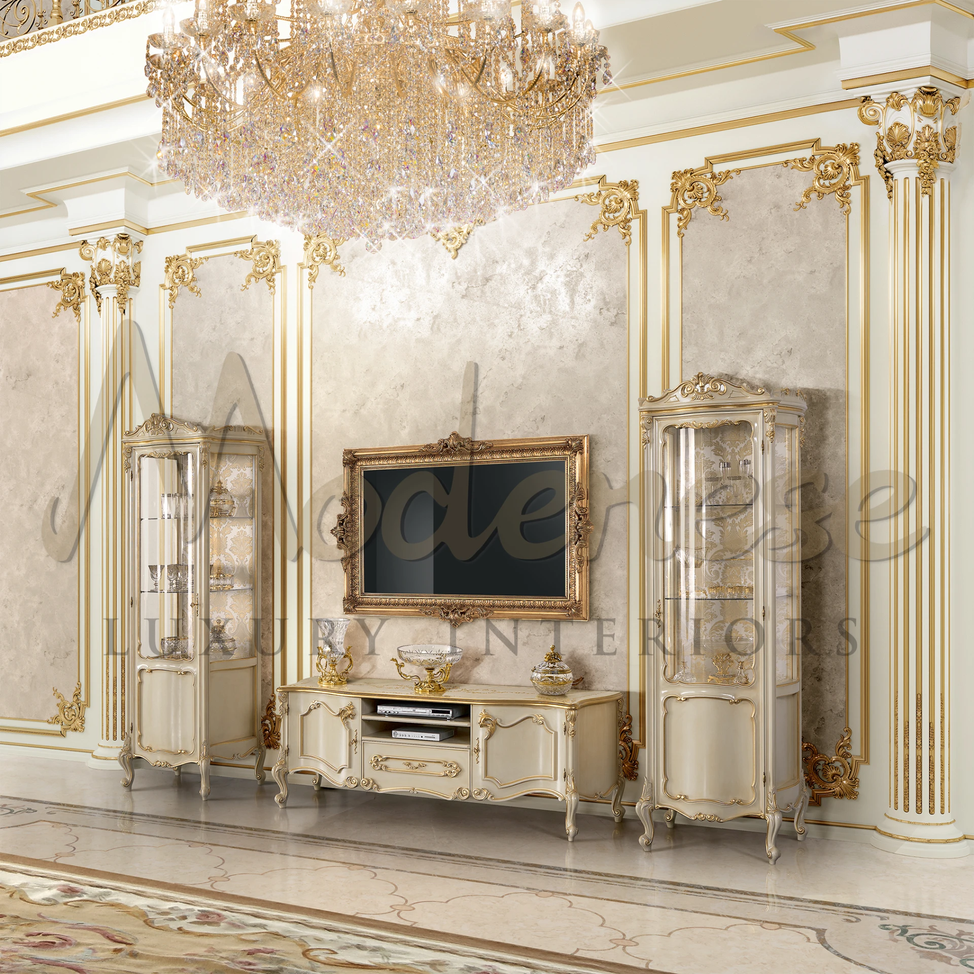 Opulent gold leaf wall unit for TVs, blending classic design with luxury furniture aesthetics for sophisticated entertainment areas.