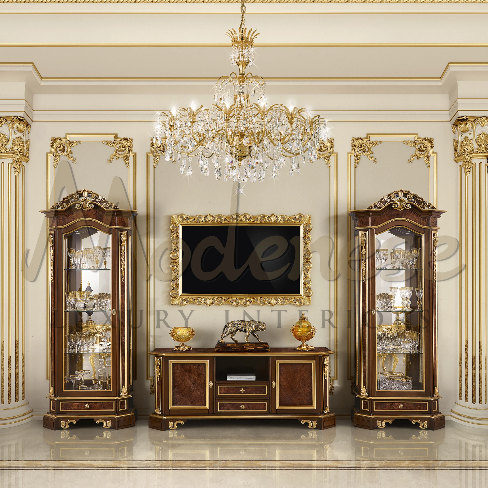 Ornate traditional TV frame in gold leaf, featuring scrolls and floral motifs for a rich, classic look in luxury interiors.