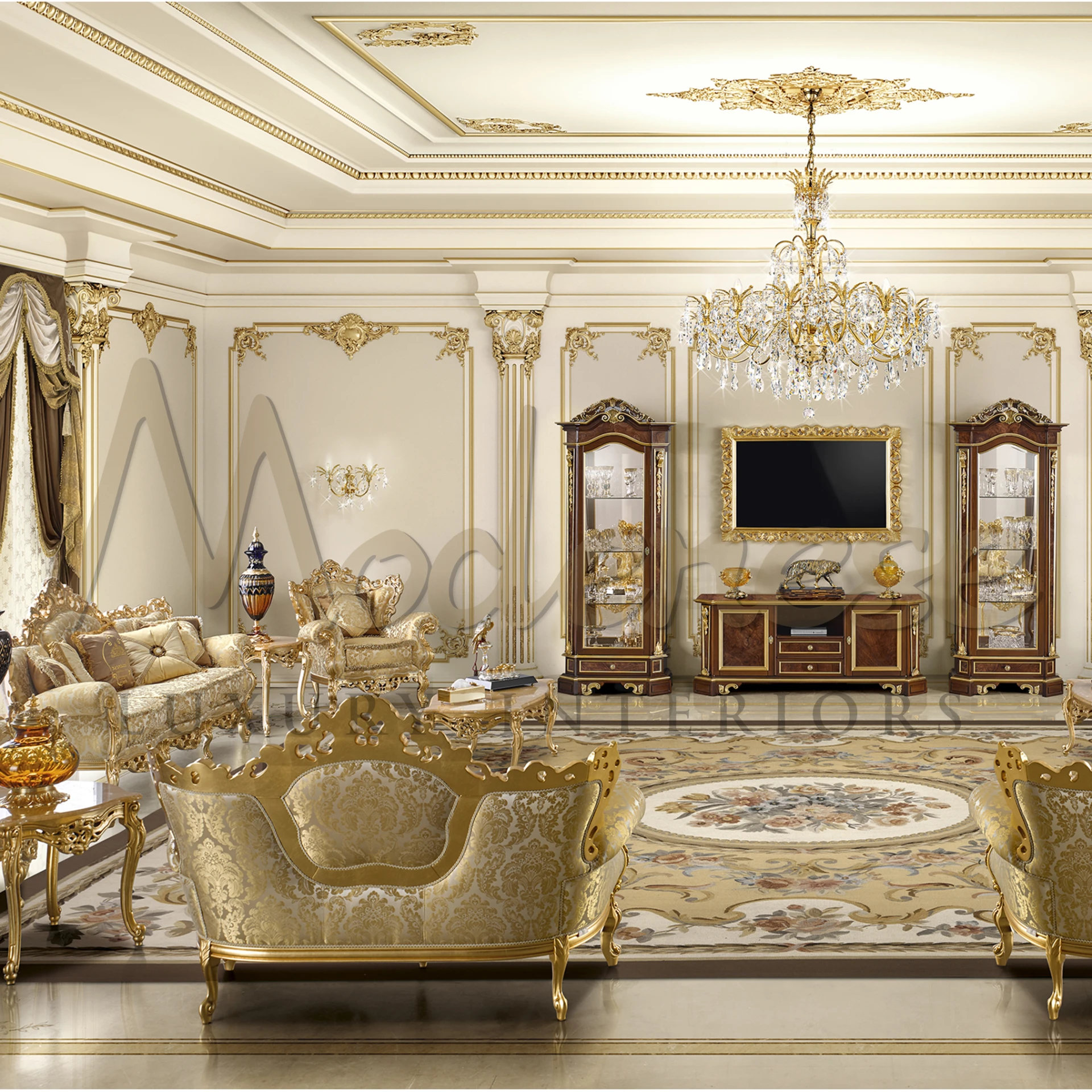 Classic gold leaf wall unit TV frame, a masterpiece of traditional style with muted color palette and warm gold tones.