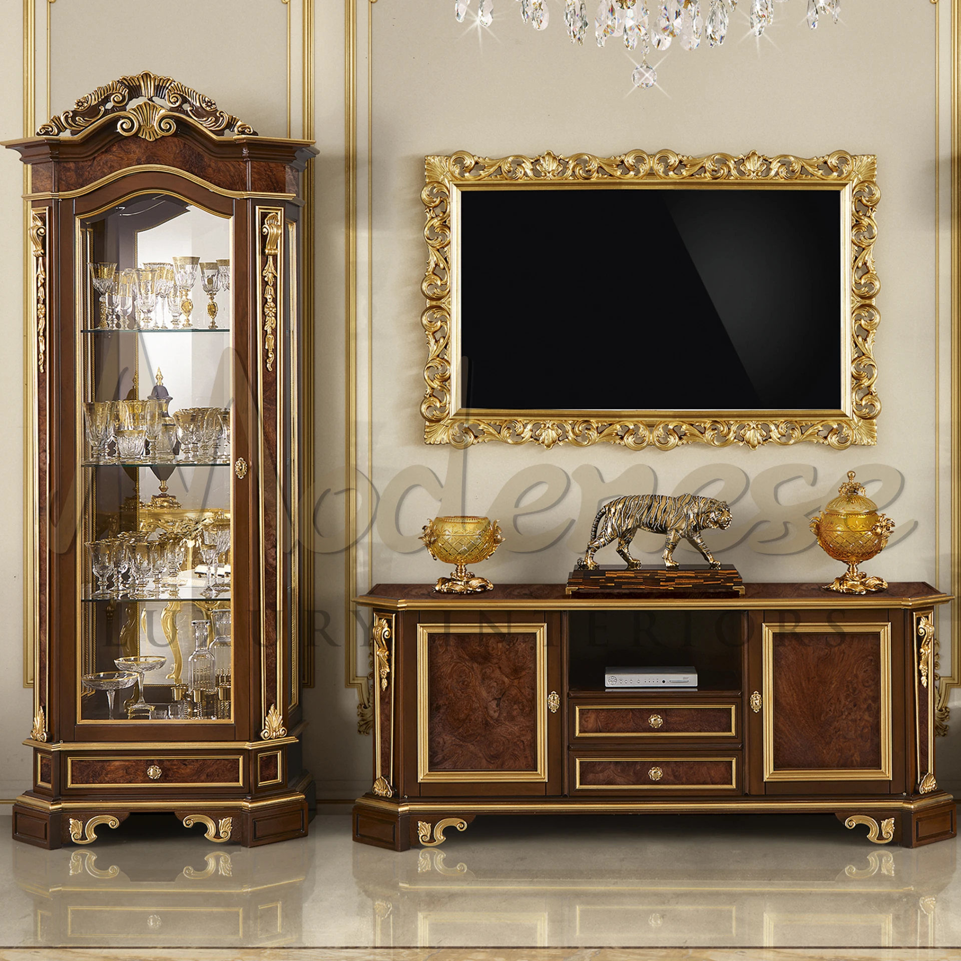 Luxurious traditional TV stand in gold leaf, blending Venetian style with classic furniture elegance for sophisticated spaces