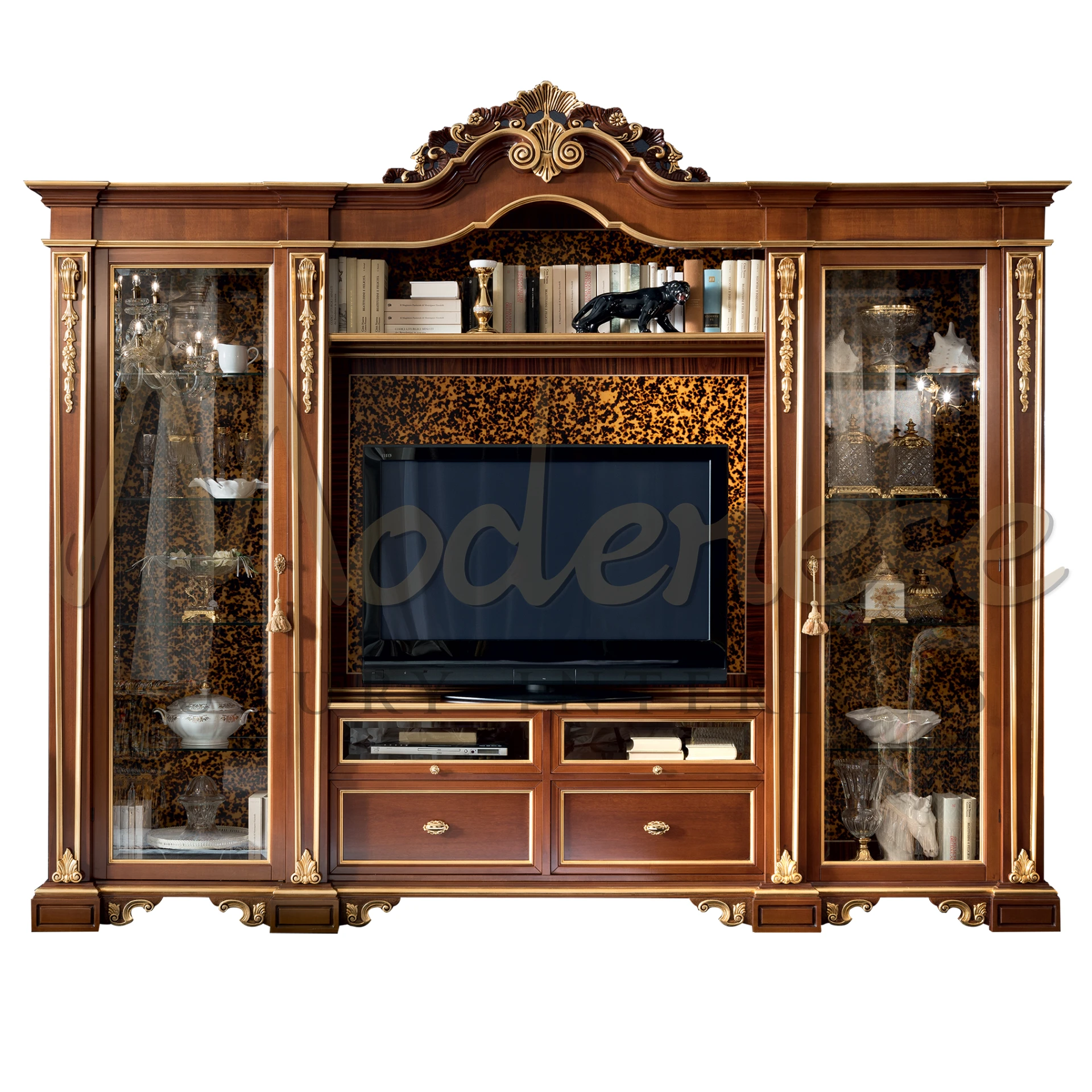 Elegant dark brown solid wood TV cabinet in mahogany, perfect for luxury interiors seeking warmth and classic design.