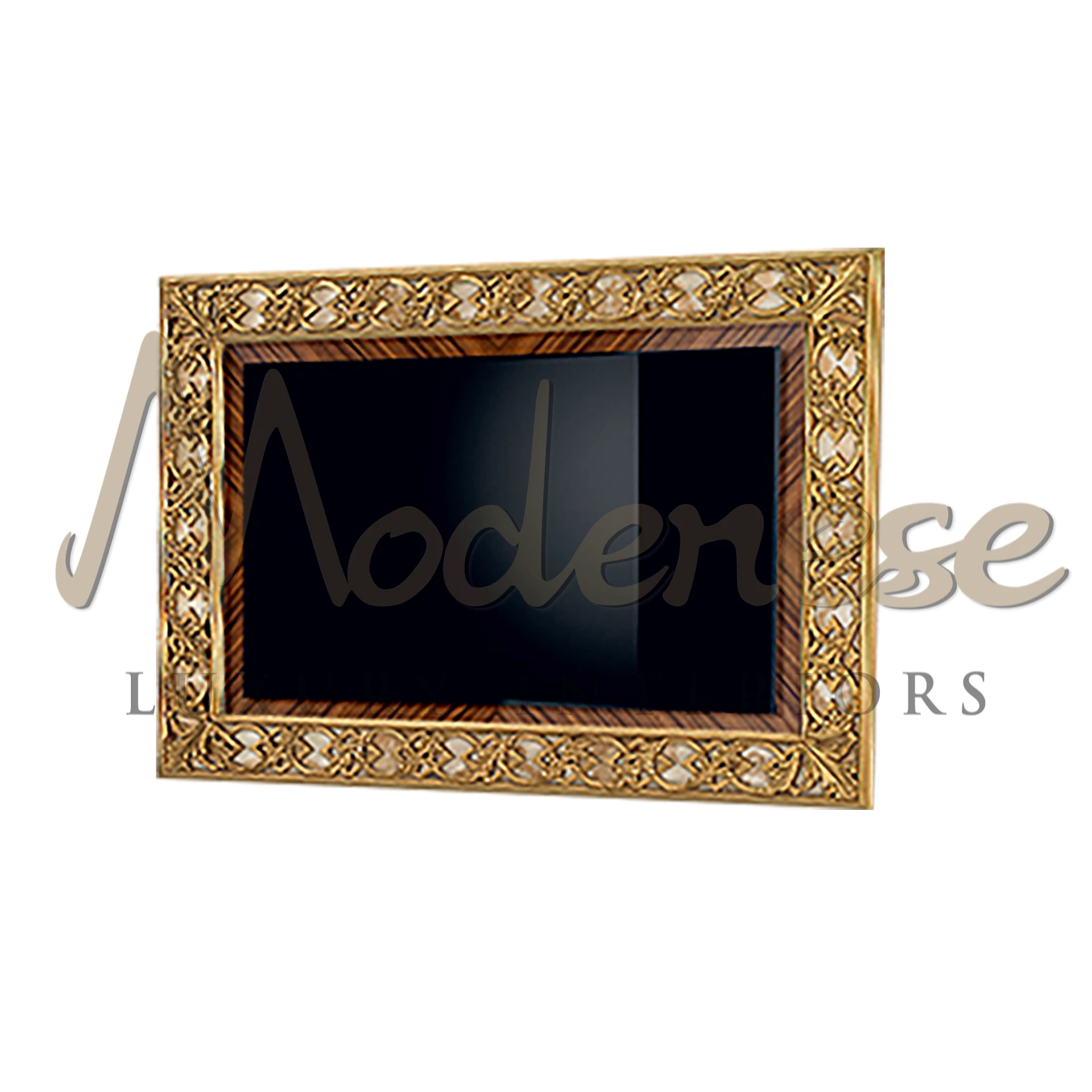 Exquisite Rectangular TV Frame with gold leaf finishing, showcasing Modenese craftsmanship for a luxurious living room.