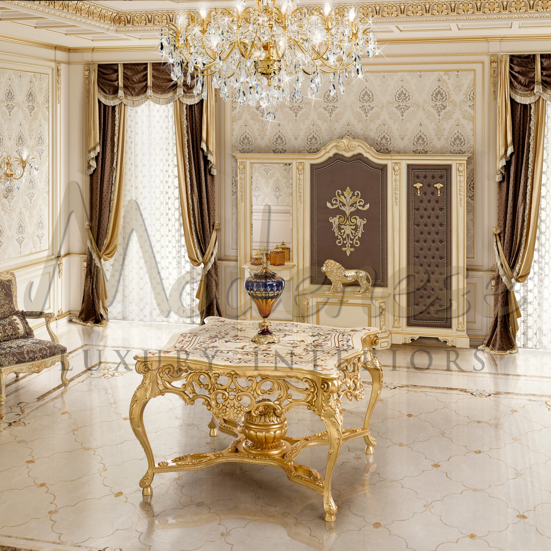 Opulent Classic Style Central Table with Italian design influences, showcasing gold leaf details for a grand classic interior.

