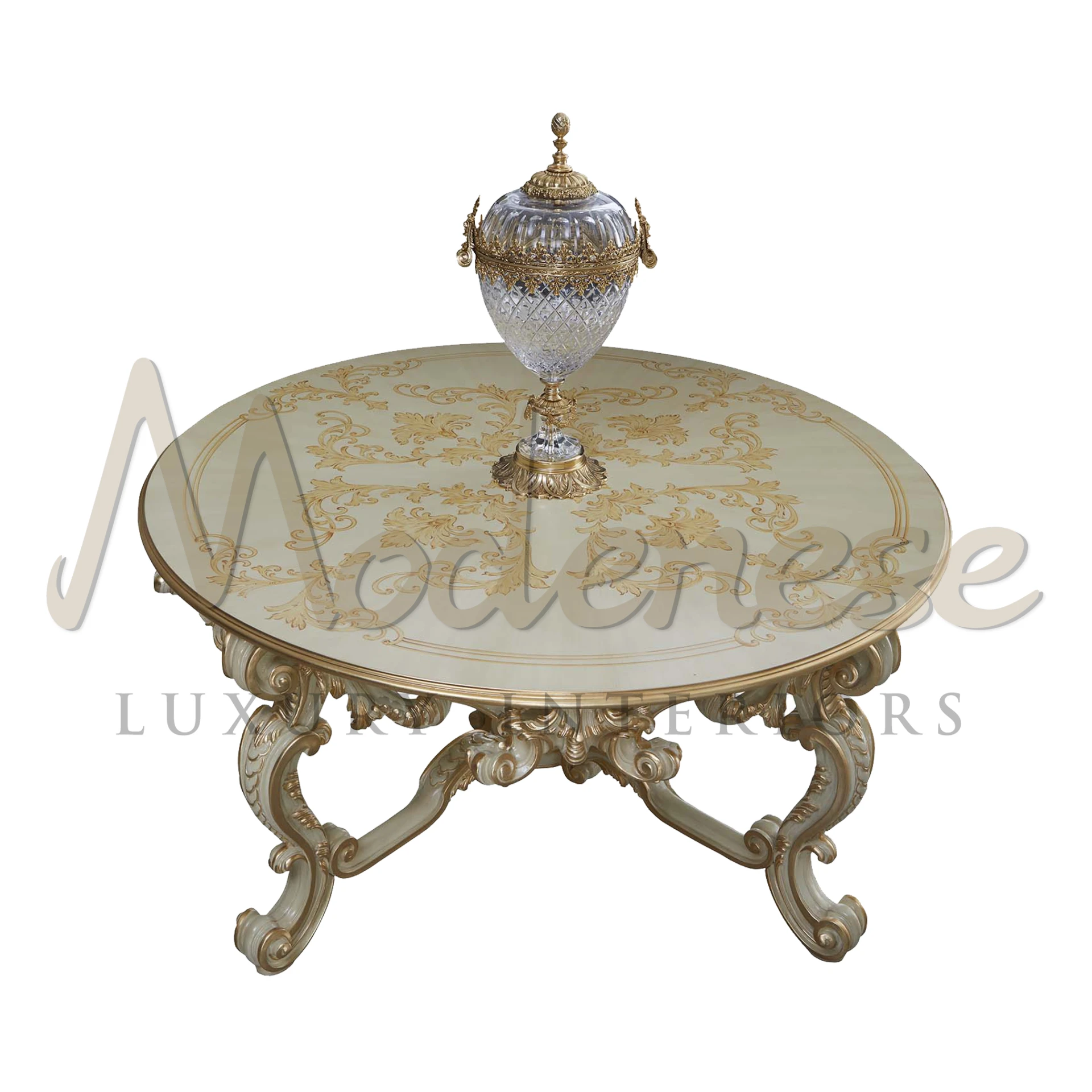 Elegant Victorian Central Table in Venetian style, with baroque design elements, solid wood, and unique ivory finishing for luxury interiors.