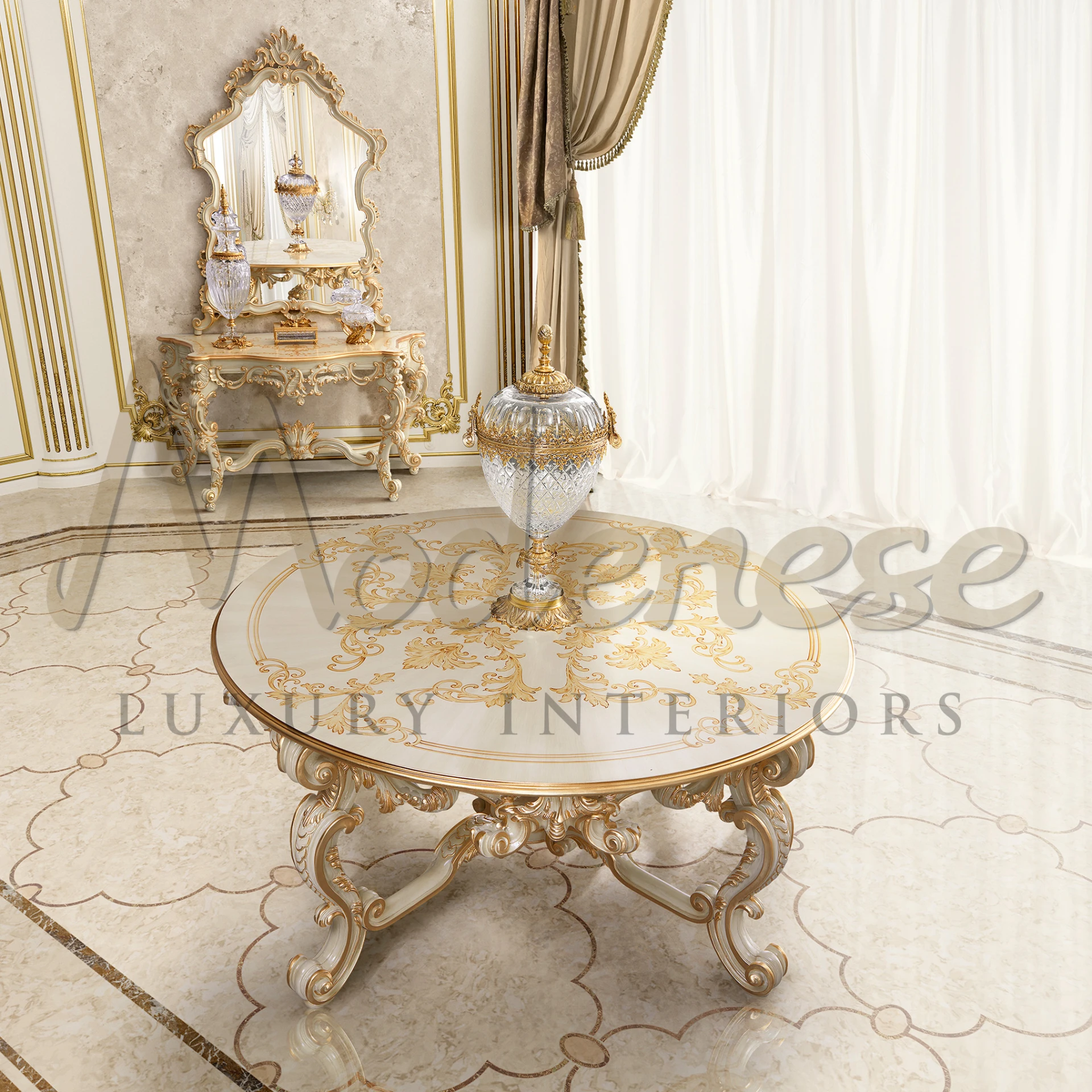 Timeless Victorian Central Table, a classical collection piece with Venetian flair, baroque design, and superior ivory and gold leaf finishing.
