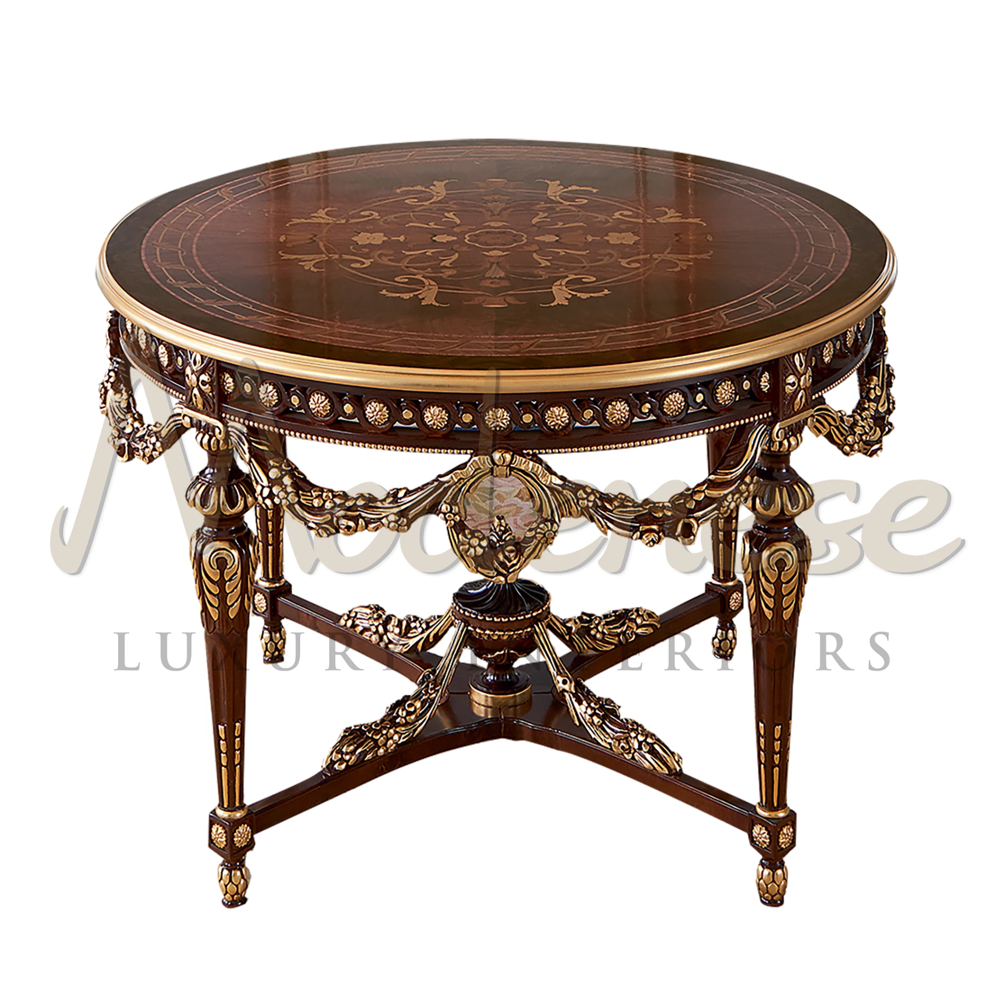 Elegant Classic Figured Central Table with gold leaf details and classic walnut finishing, perfect for luxurious interior design.