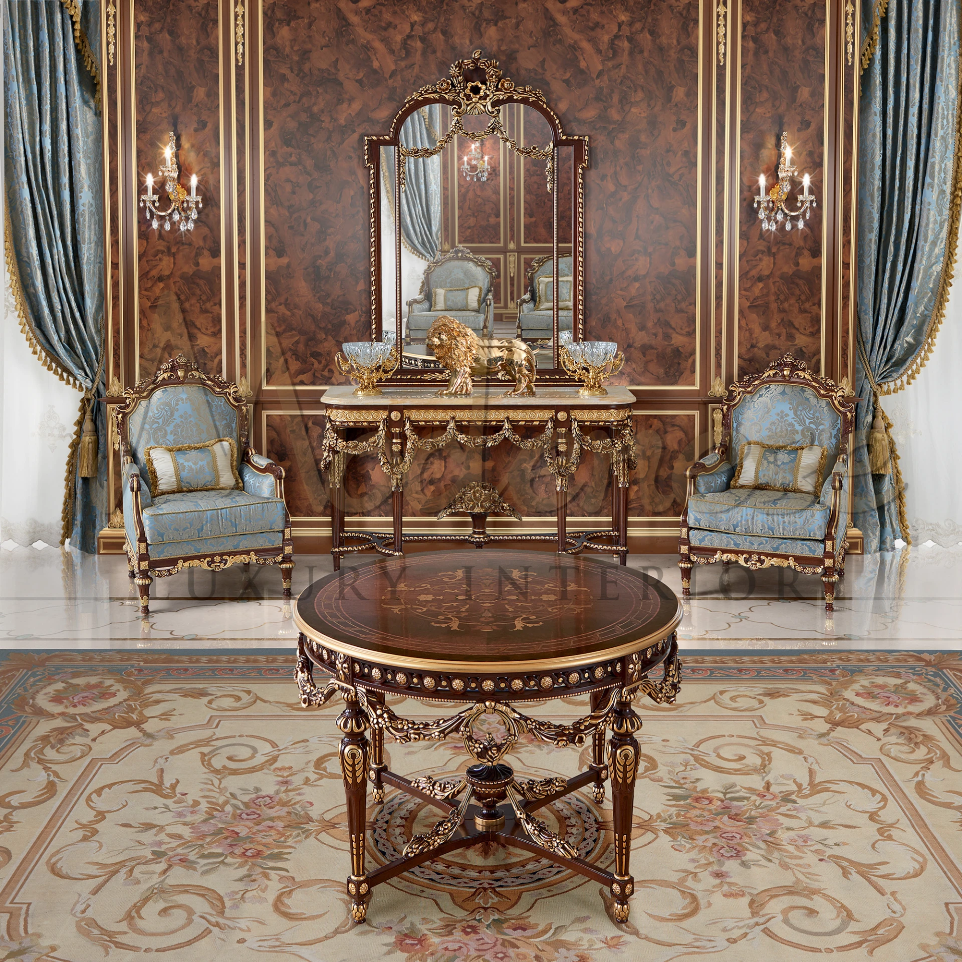  Luxurious Italian-designed Classic Figured Central Table, featuring exquisite inlay decoration for sophisticated home decor.
