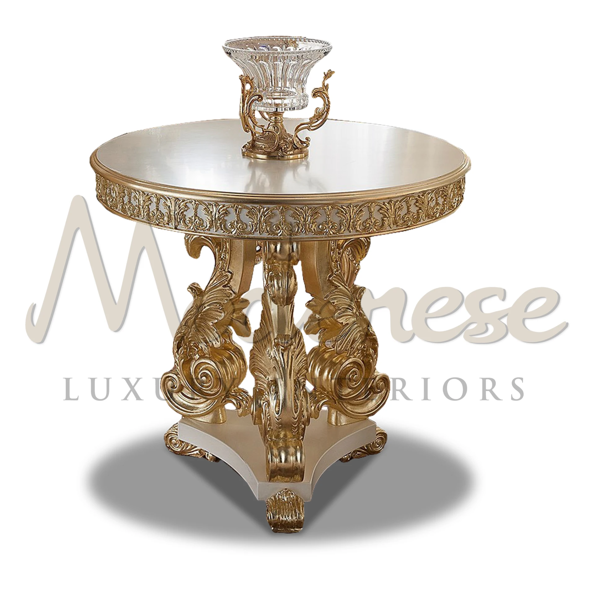  Luxurious Classic Gold Leaf Central Table with elegant handmade carvings and ivory finish, perfect for sophisticated living spaces.