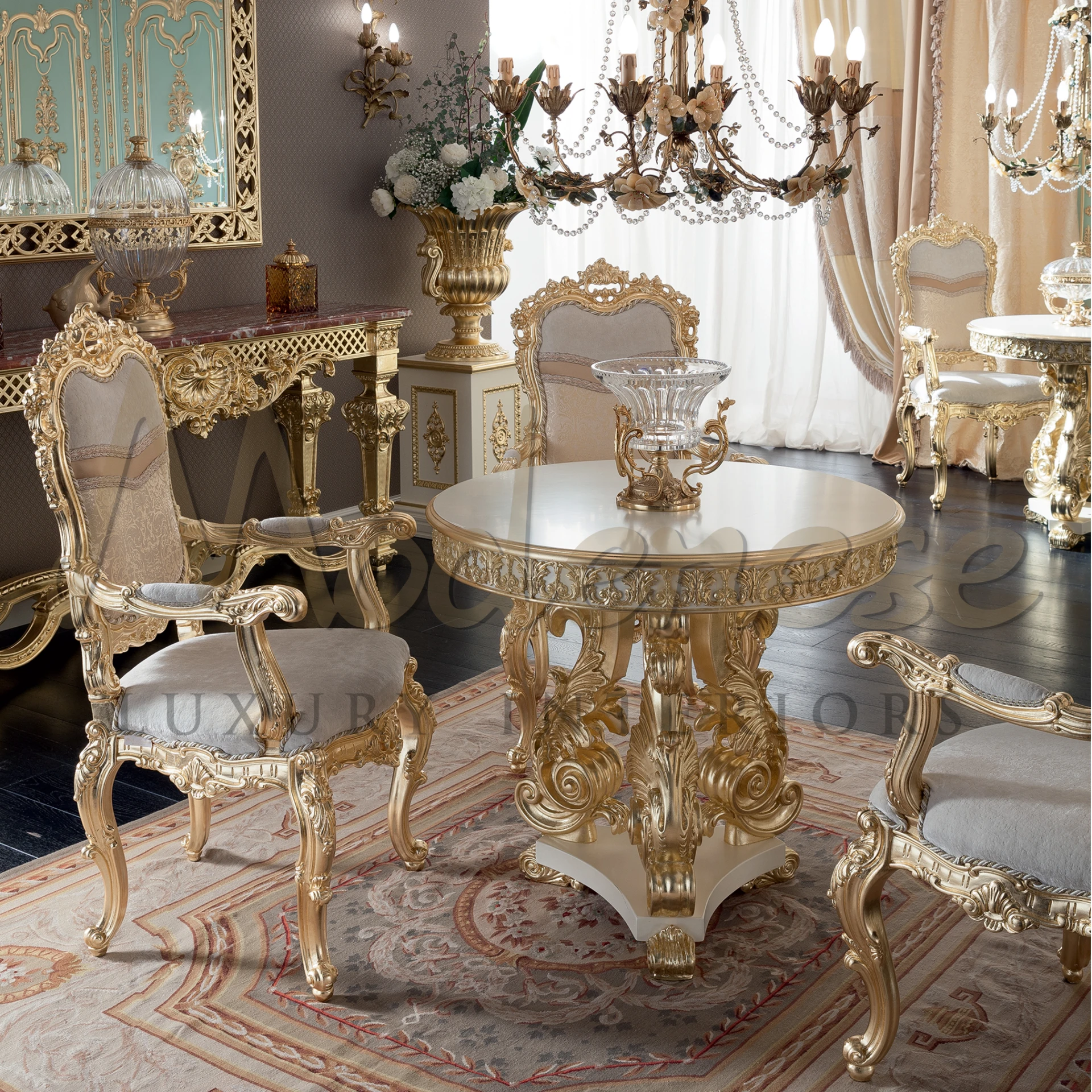 Opulent Classic Gold Leaf Central Table, a centerpiece of luxury with intricate carvings and gold leaf accents, embodying Italian design.