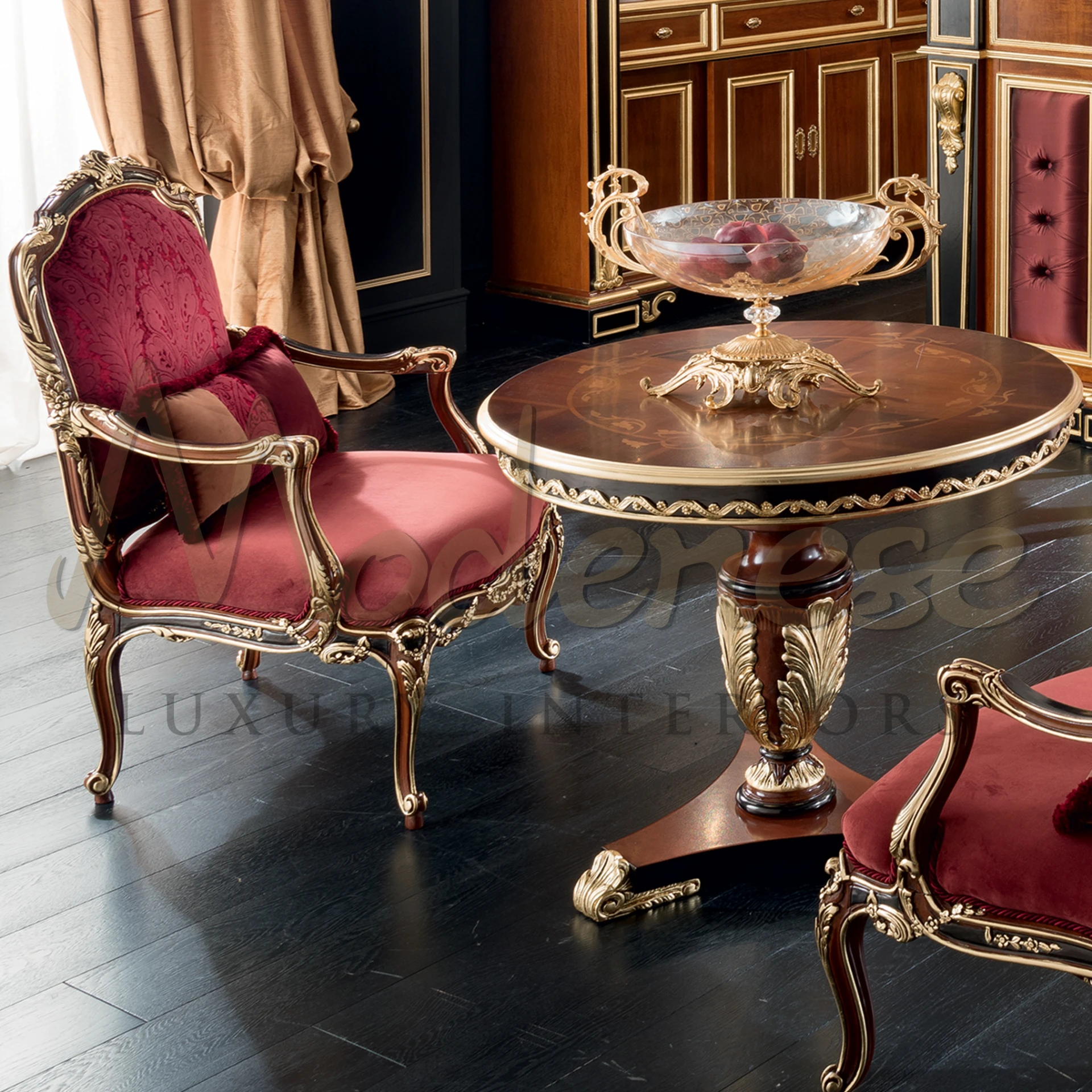  Traditional Solid Wood Central Table with classic, timeless design and gold leaf carvings, enhancing any room with Italian craftsmanship.