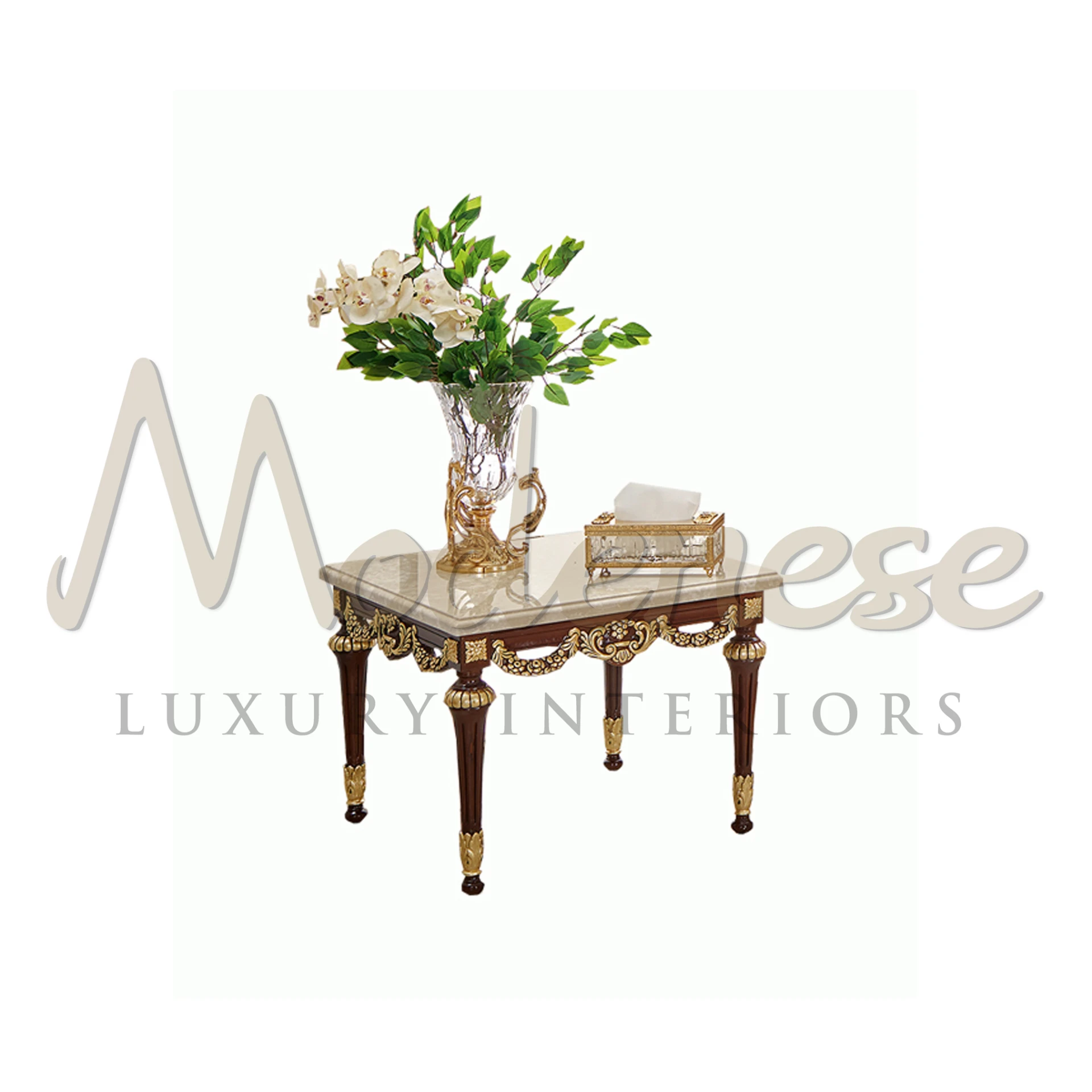 Charming Classic Walnut Finish Side Table with gold leaf carving, embodying luxury Italian design for elegant interiors.