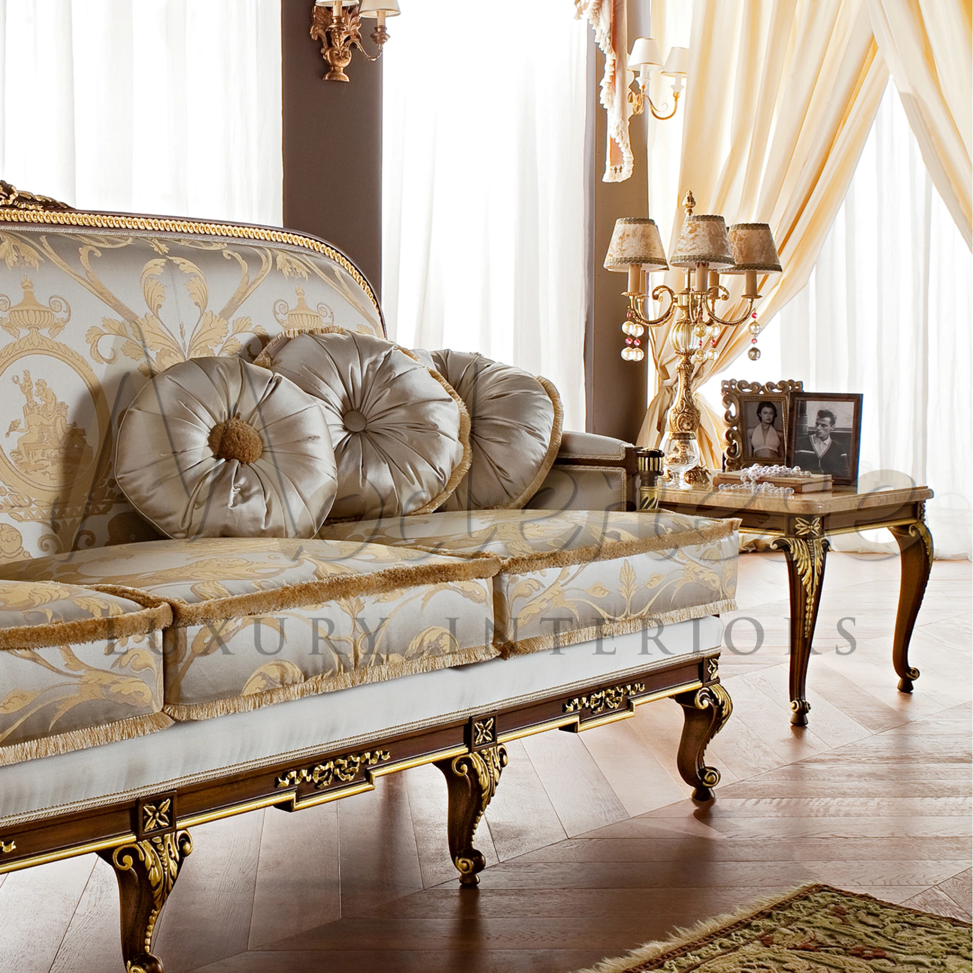 Luxury Baroque Gold Leaf Side Table by Modenese Furniture, blending solid wood, gold leaf, and marble for a classic collection.