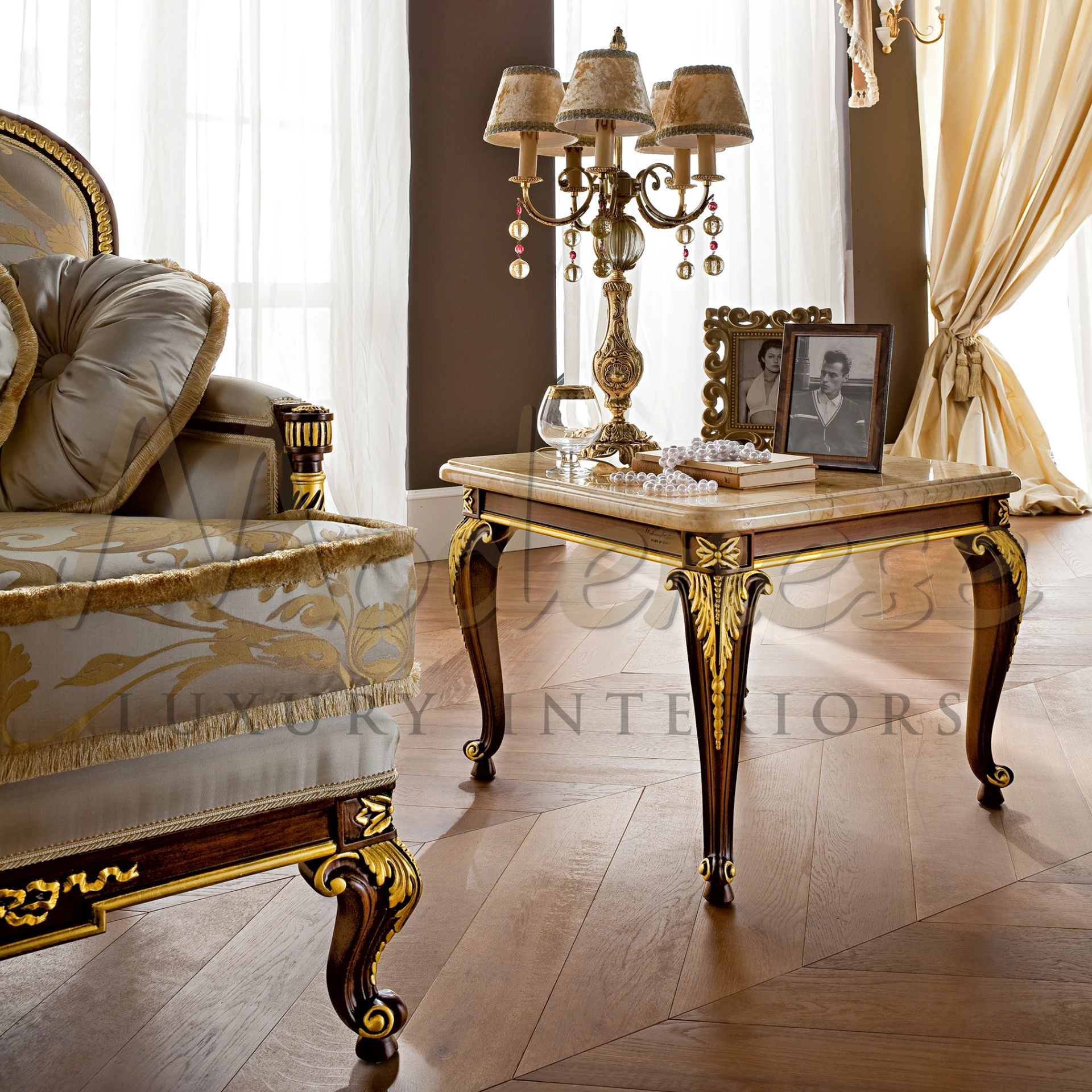 Opulent solid wood side table with gold leaf details and marble top, reflecting the pinnacle of luxury interior design in Baroque style.