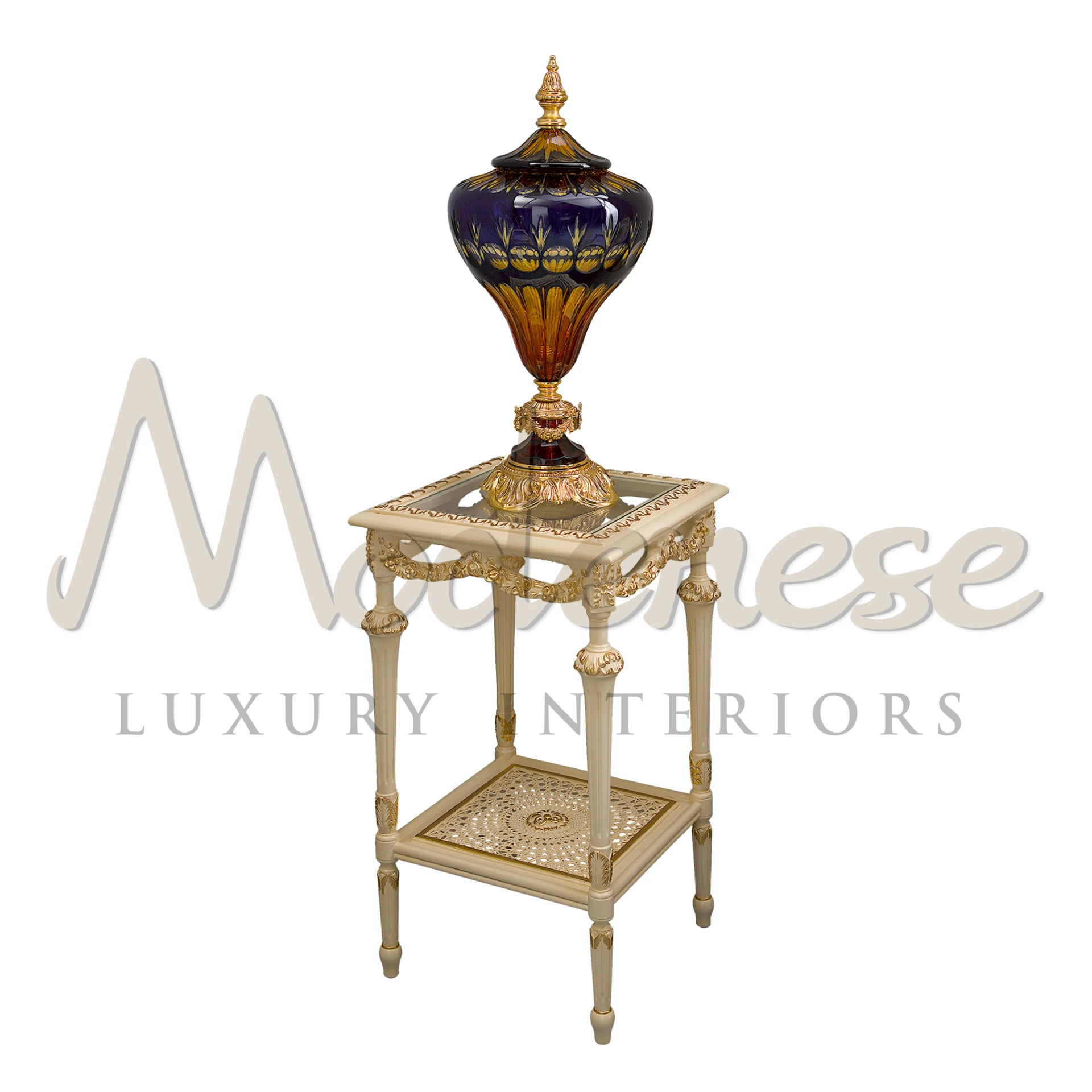Exquisite Handcrafted Side Table by Modenese Furniture, featuring a crystal top and space for magazines, embodying Italian luxury.