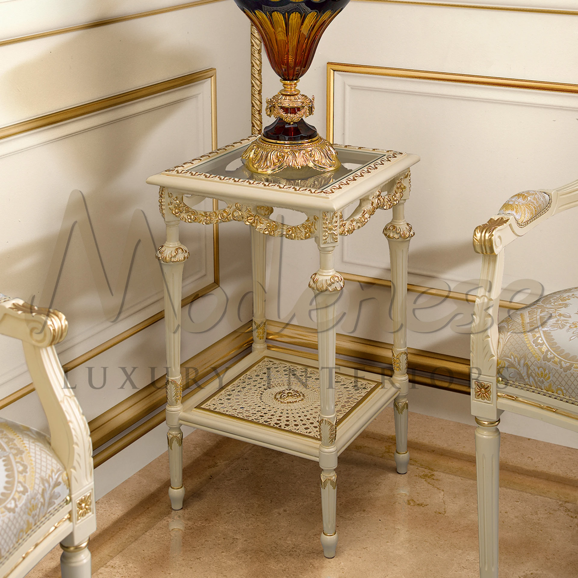 Luxury Handcrafted Side Table with gold leaf carving and a crystal top, a classic piece for sophisticated interior design.