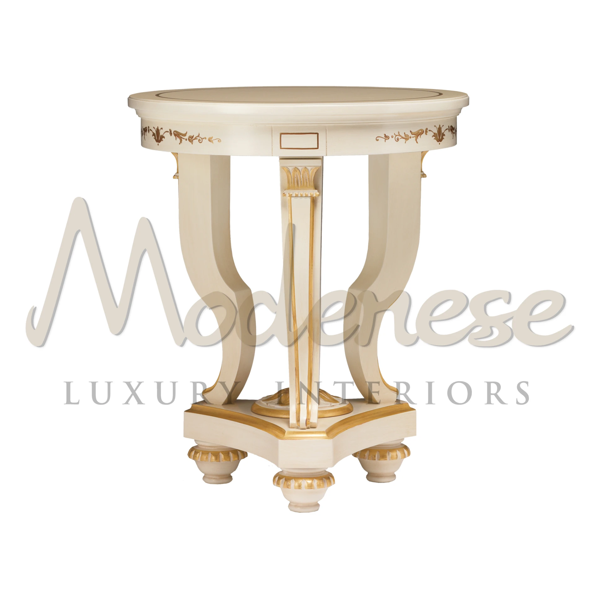 Luxurious Round Handmade Side Table by Modenese Interiors, offering custom finishes like gold leaf and venetian lacquered for elegant spaces.