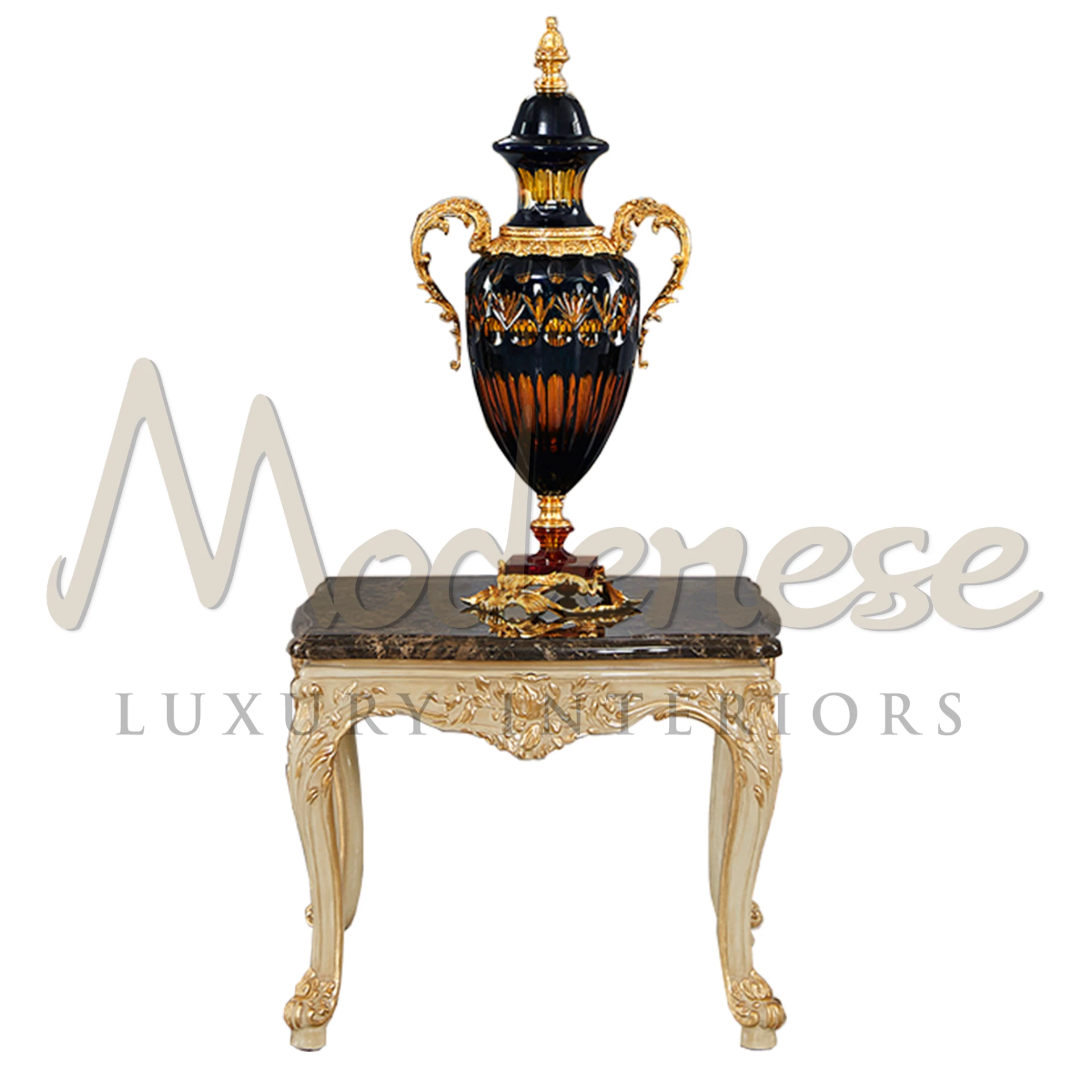 Luxurious Emperador Classy Side Table with Dark marble top and gold leaf details, a masterpiece by Modenese Furniture.