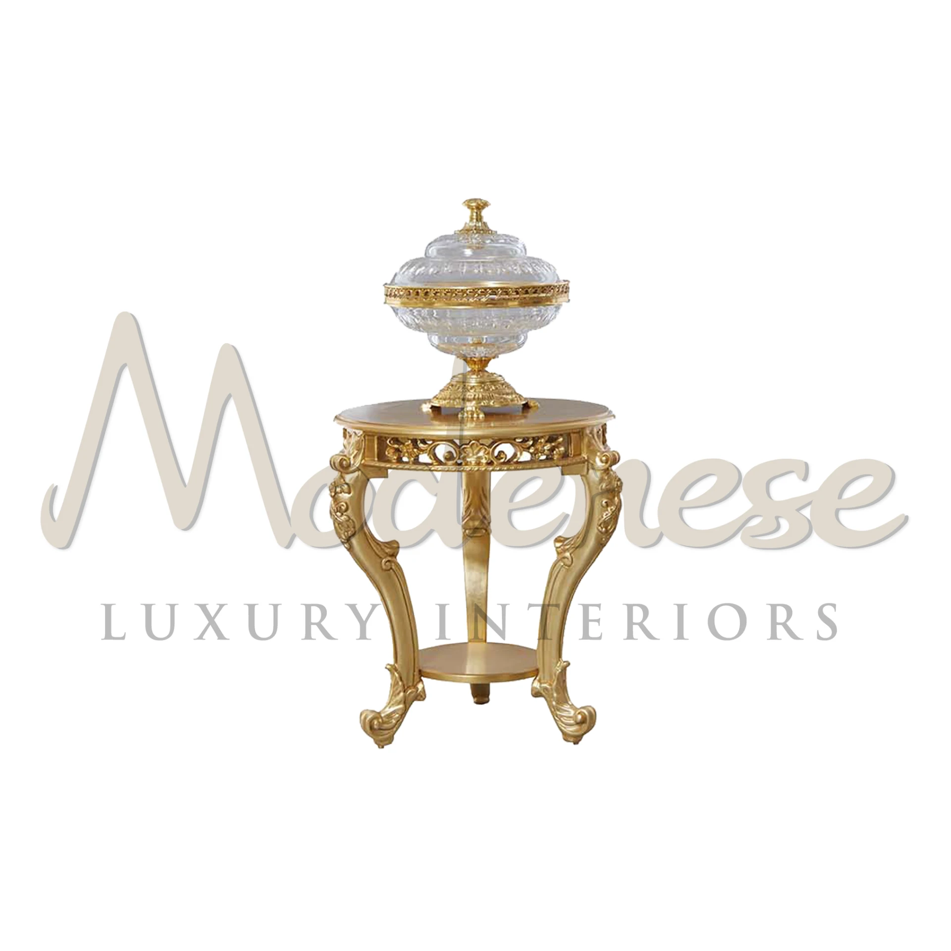 Elegant Round Gold Leaf Side Table, showcasing Italian craftsmanship, ideal for classic living rooms with baroque design