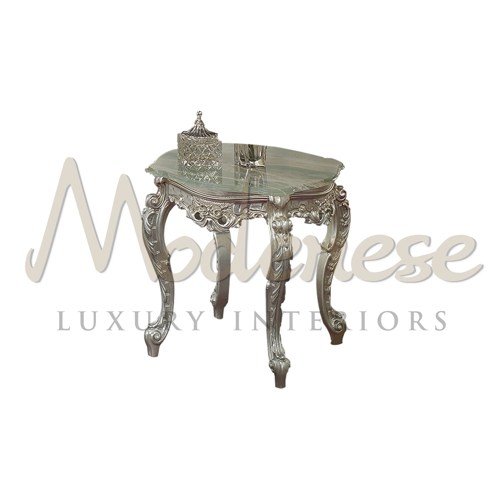 Elegant Silver Leaf Side Table with glass top, showcasing stability and sophistication for classic interior design.