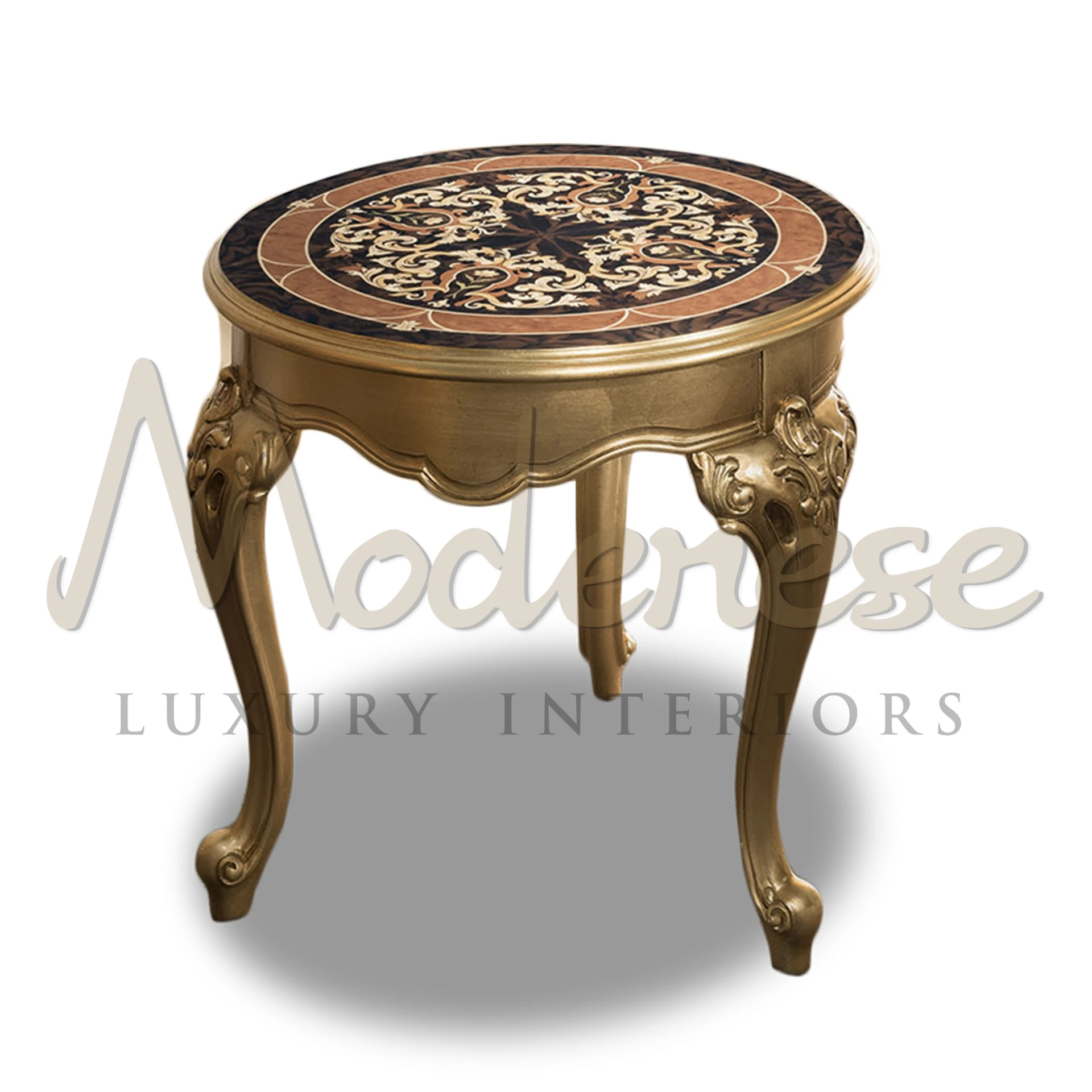 Intricate Marquetry Gold Leaf Side Table, showcasing luxury Italian craftsmanship with detailed veneer patterns for elegant decor.