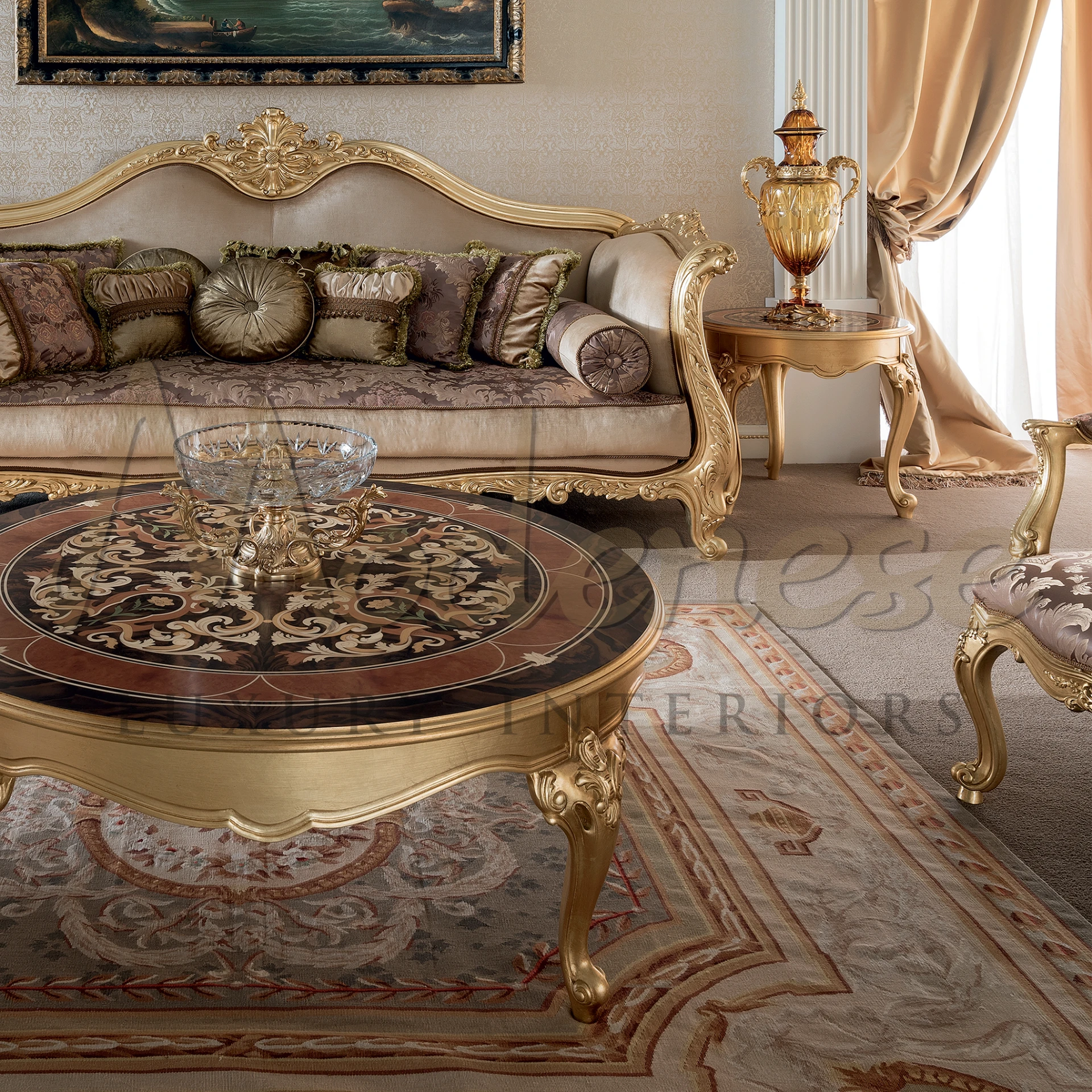 Elegant Side Table featuring marquetry and gold leaf, a masterpiece of high-end design ideal for luxury decoration and royal interior themes